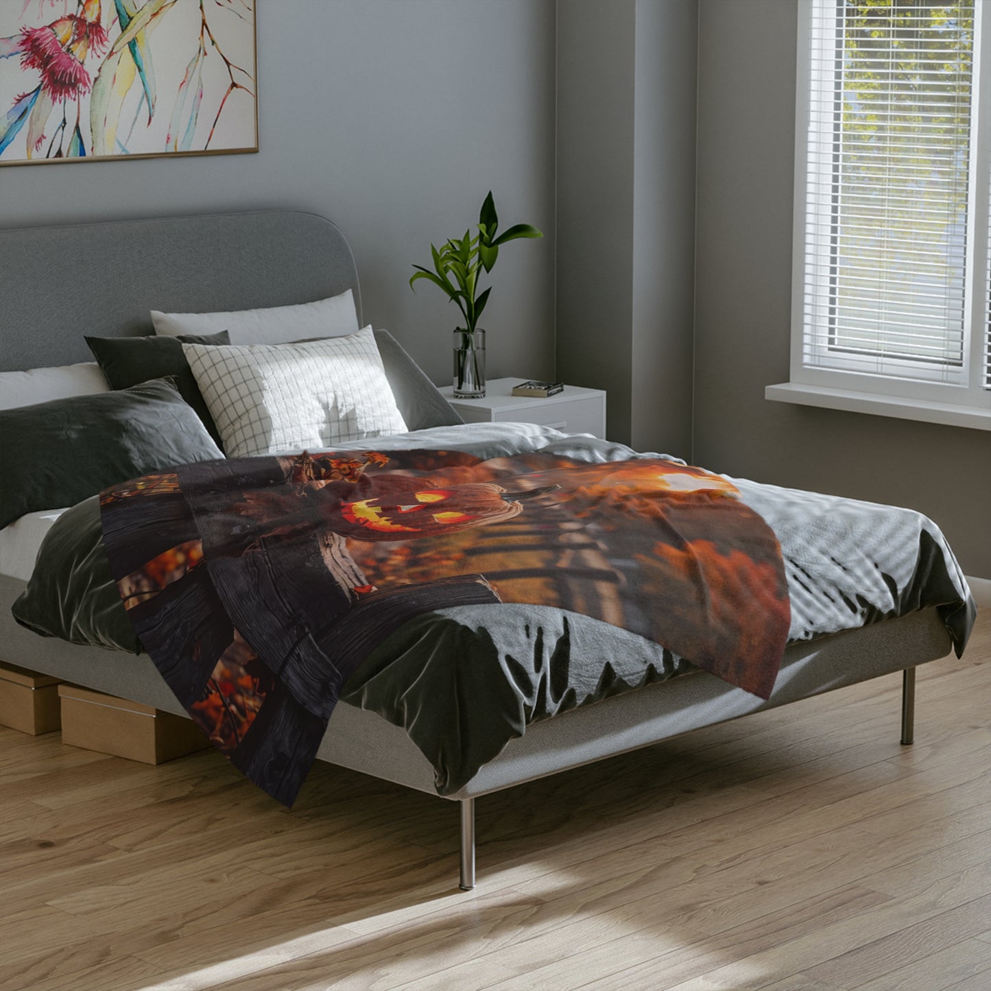 Rustic Autumn Jack-o'-Lantern Fence Halloween Plush Blanket