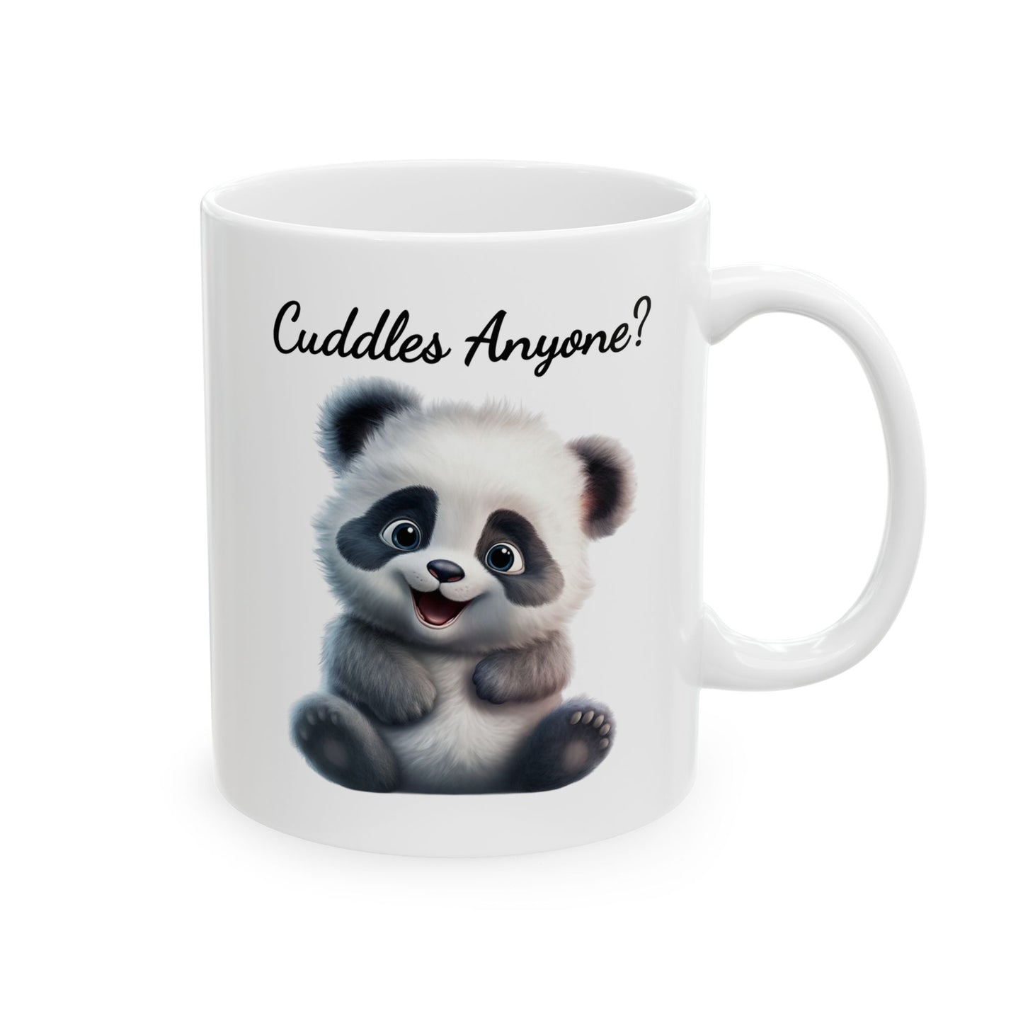 White ceramic coffee mug with a cartoon illustration of a cute, fluffy baby panda with big eyes and a happy expression, and black text above reads "Cuddles Anyone?".