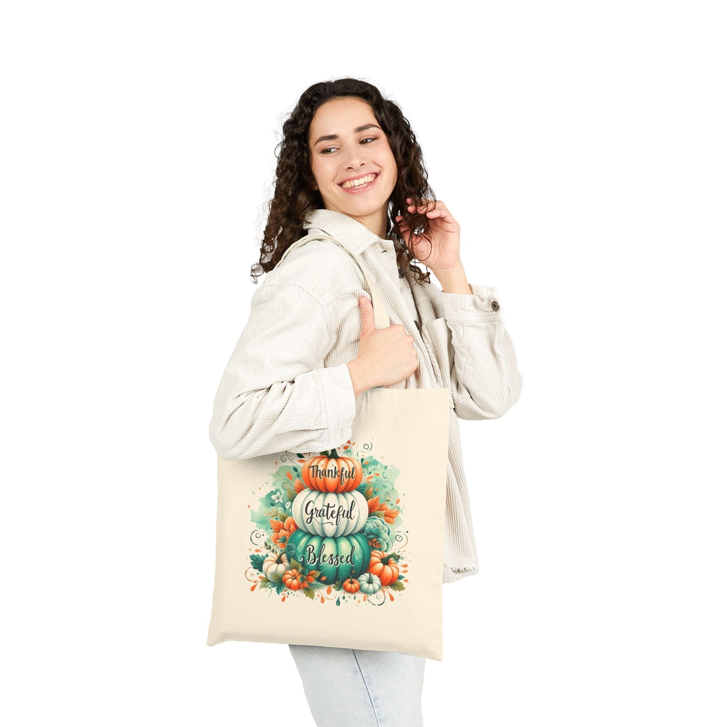 Thankful Grateful Blessed Pumpkin Stack Canvas Tote Bag
