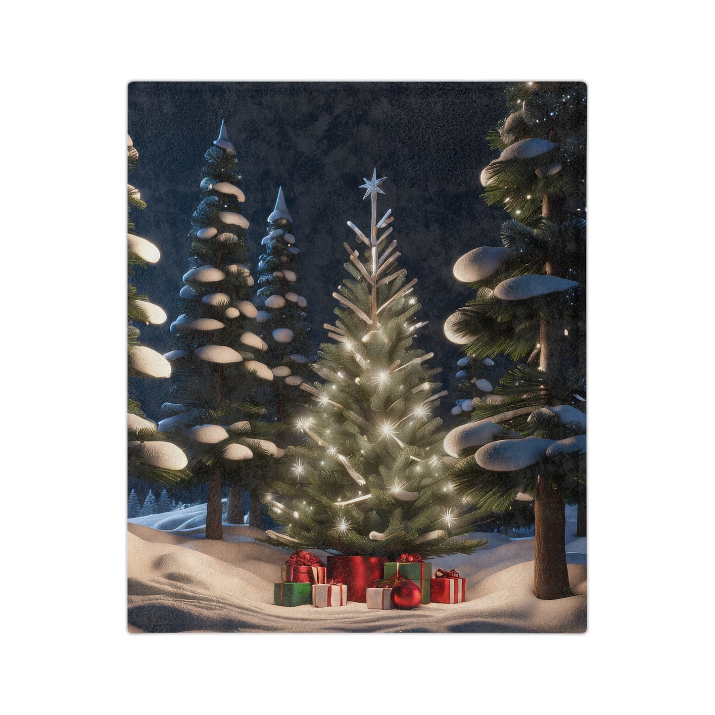a festive velveteen plush blanket featuring a winter wonderland scene with a snow-covered Christmas tree lit with lights and presents at its base in a magical forest at night.