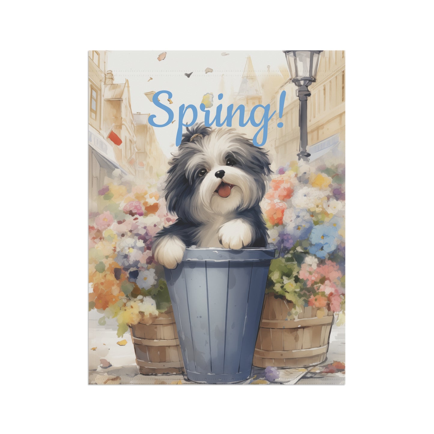 "Spring!" Garden Flag with Cute Dog in Flower Pot