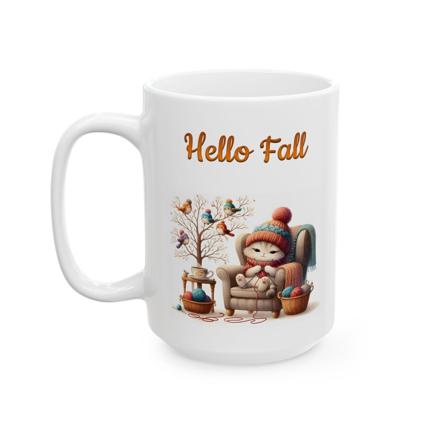 "Hello Fall" Cute Cat & Birds Coffee Mug
