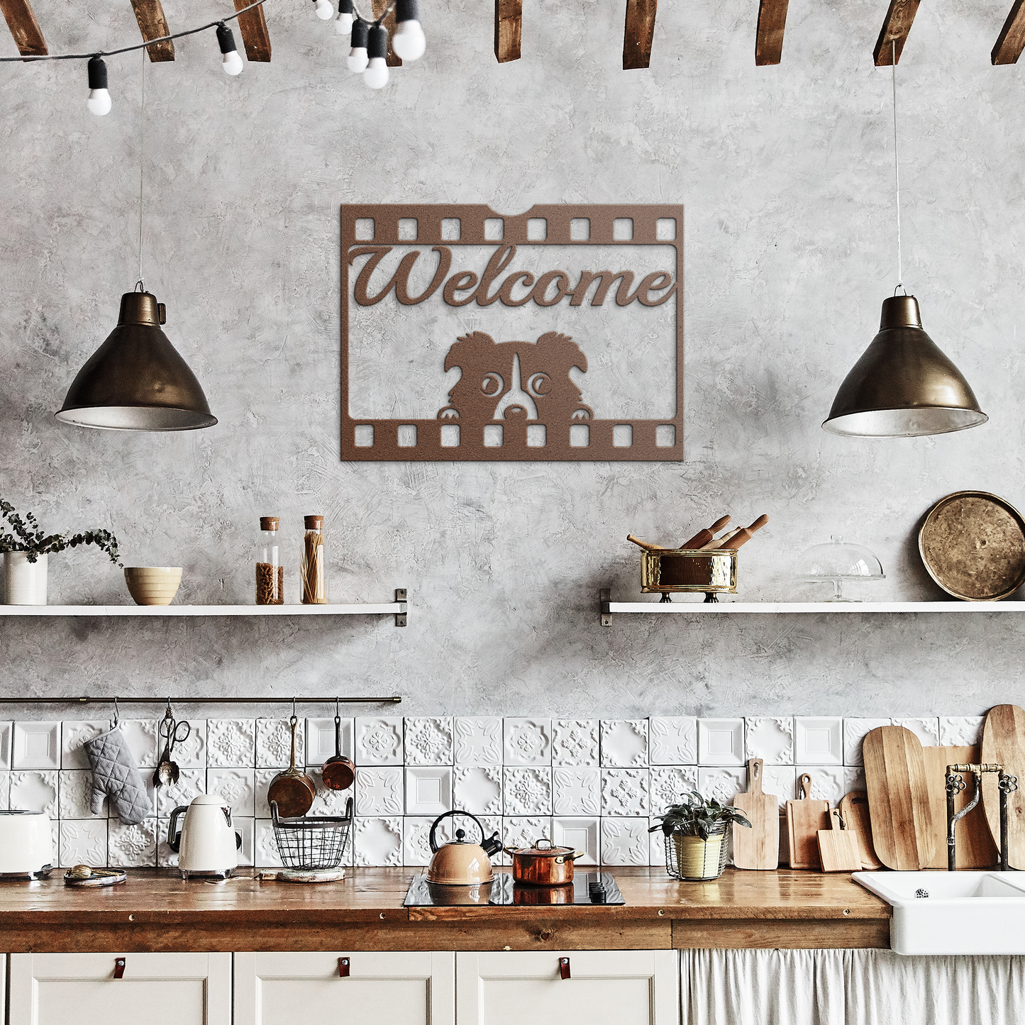 Puppy_welcome_metal_sign_Copper_Rustic_Kitchen_Mockup.png