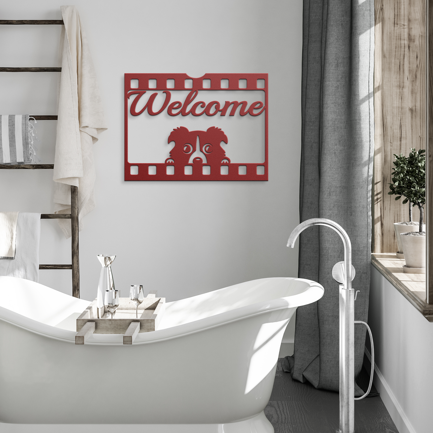 Puppy_welcome_metal_sign_Red_Modern_Bathroom_Mockup.png