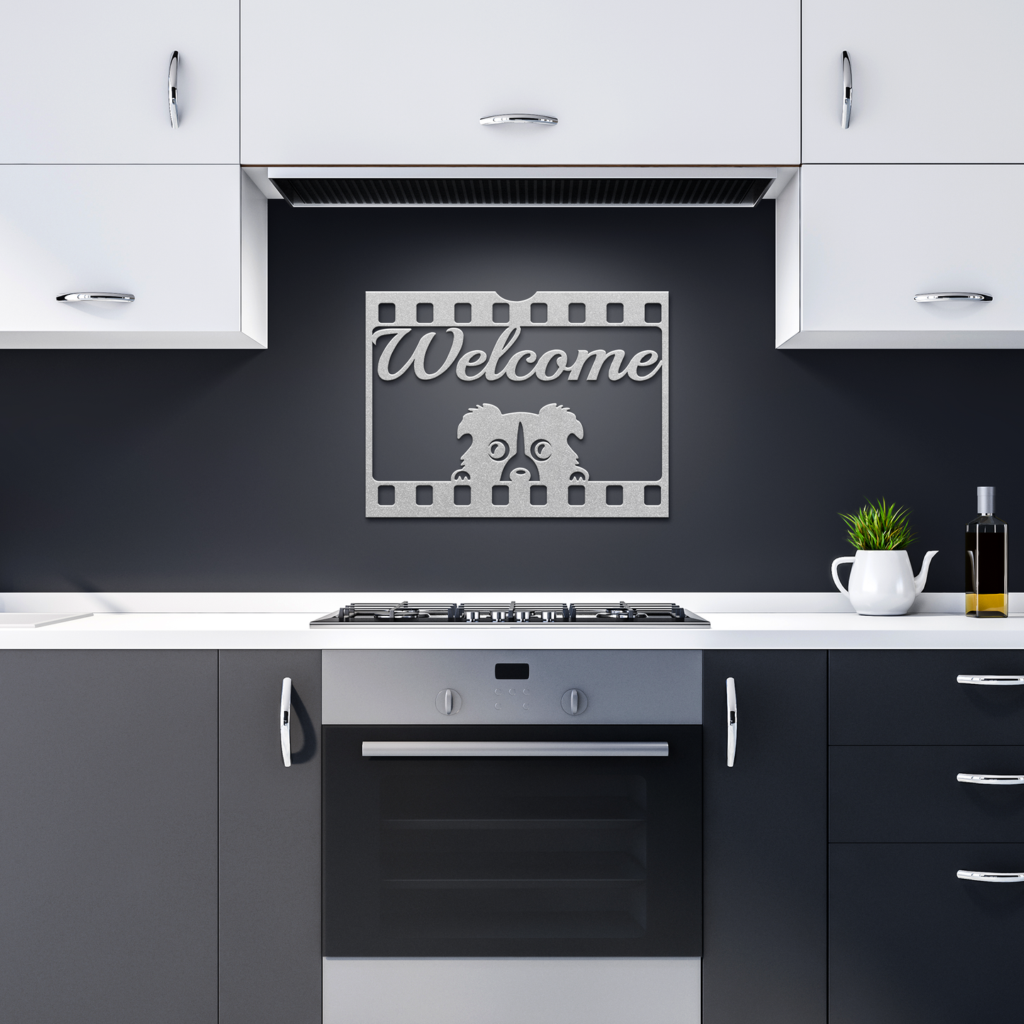 Puppy_welcome_metal_sign_Silver_Dark_Kitchen_Mockup.png