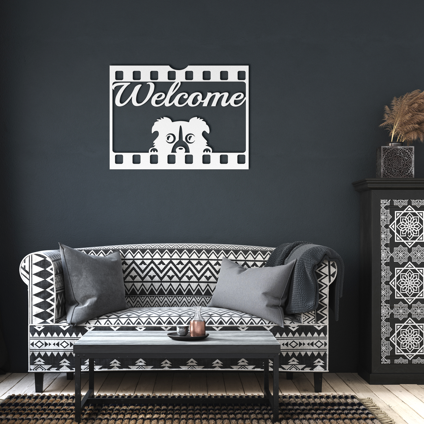 Puppy_welcome_metal_sign_White_Dark_Living_Room_Mockup.png