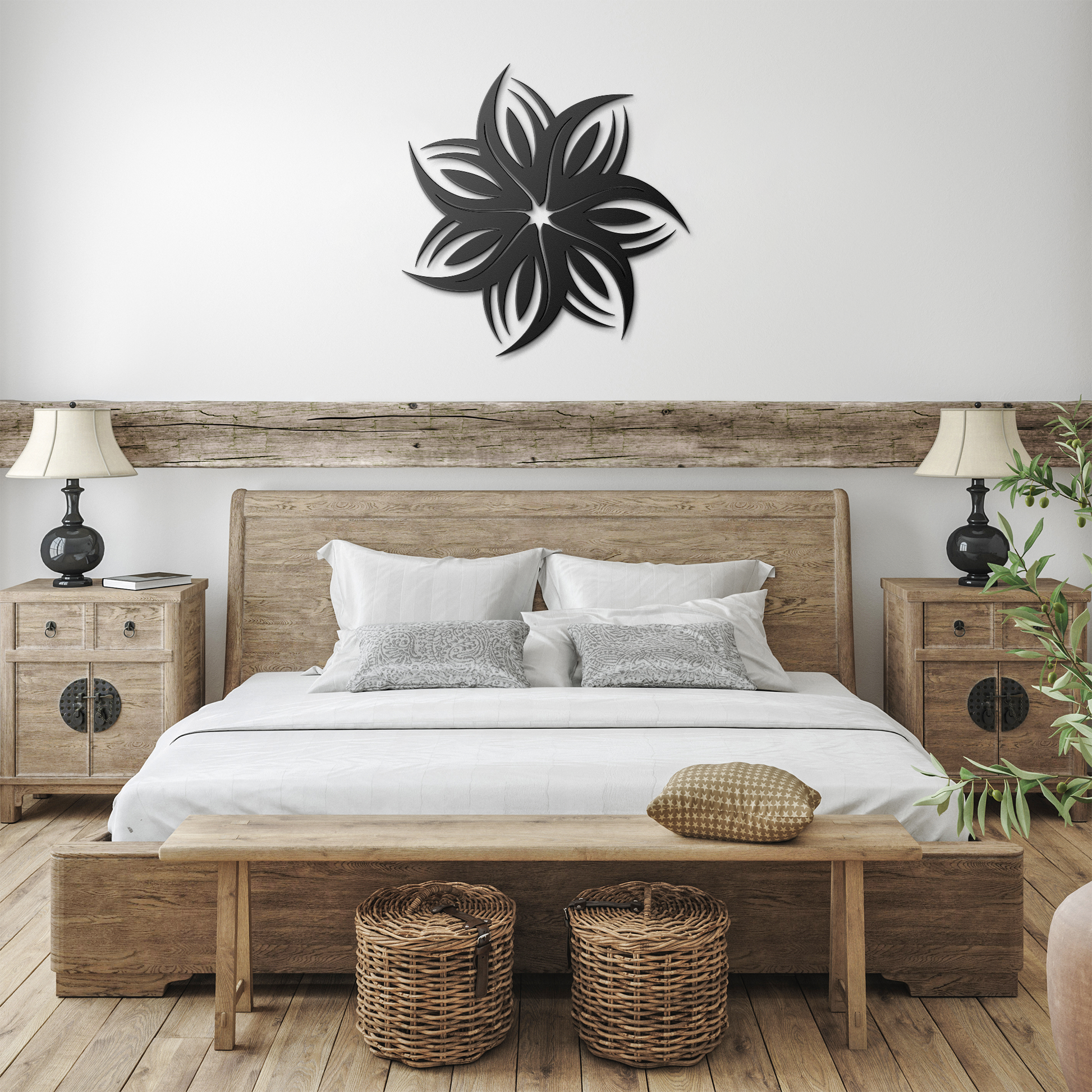 Tribal_flower_metal_wall_art_for_indoor__Black_Farmhouse_Bedroom_Mockup.png