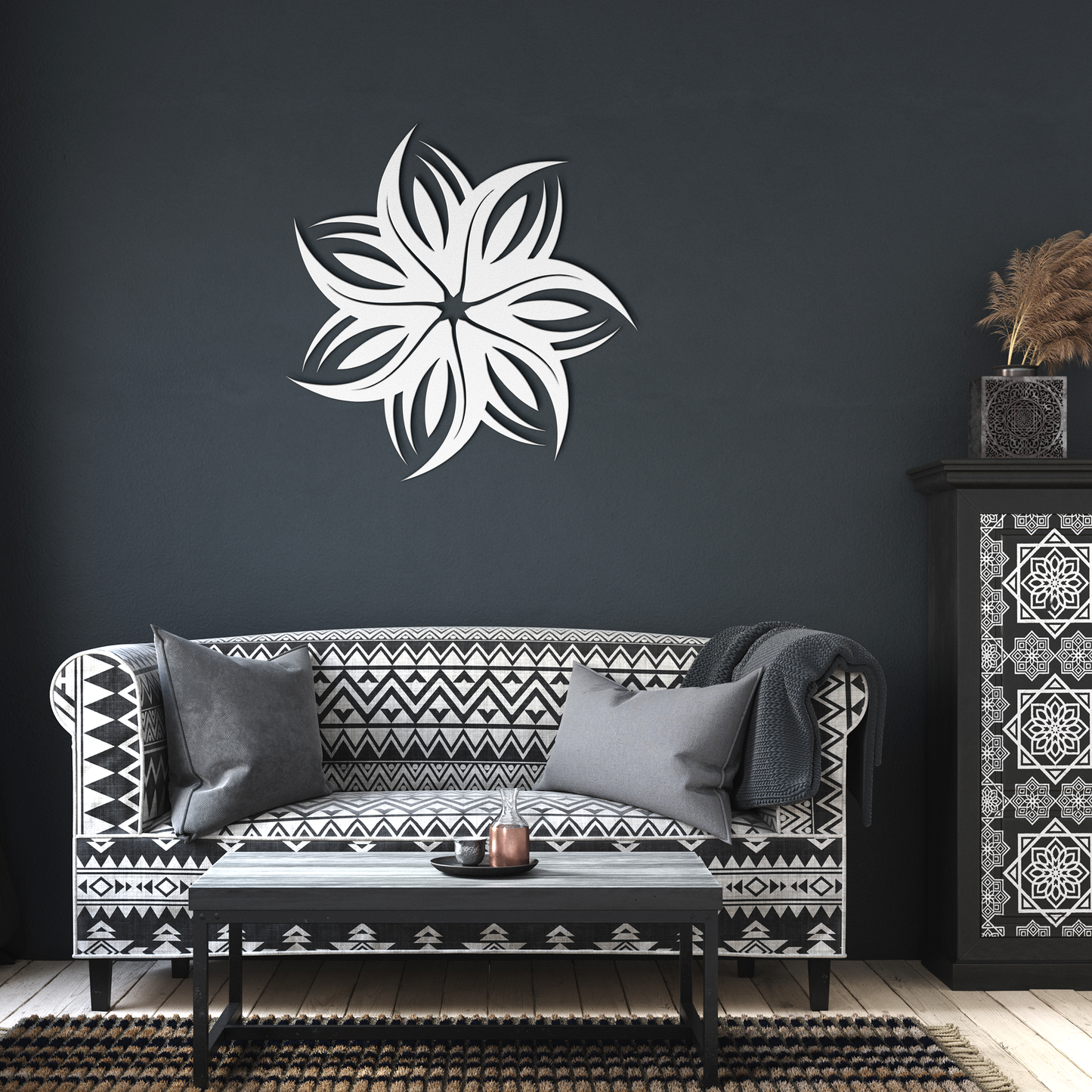 Tribal_flower_metal_wall_art_for_indoor__White_Dark_Living_Room_Mockup.png