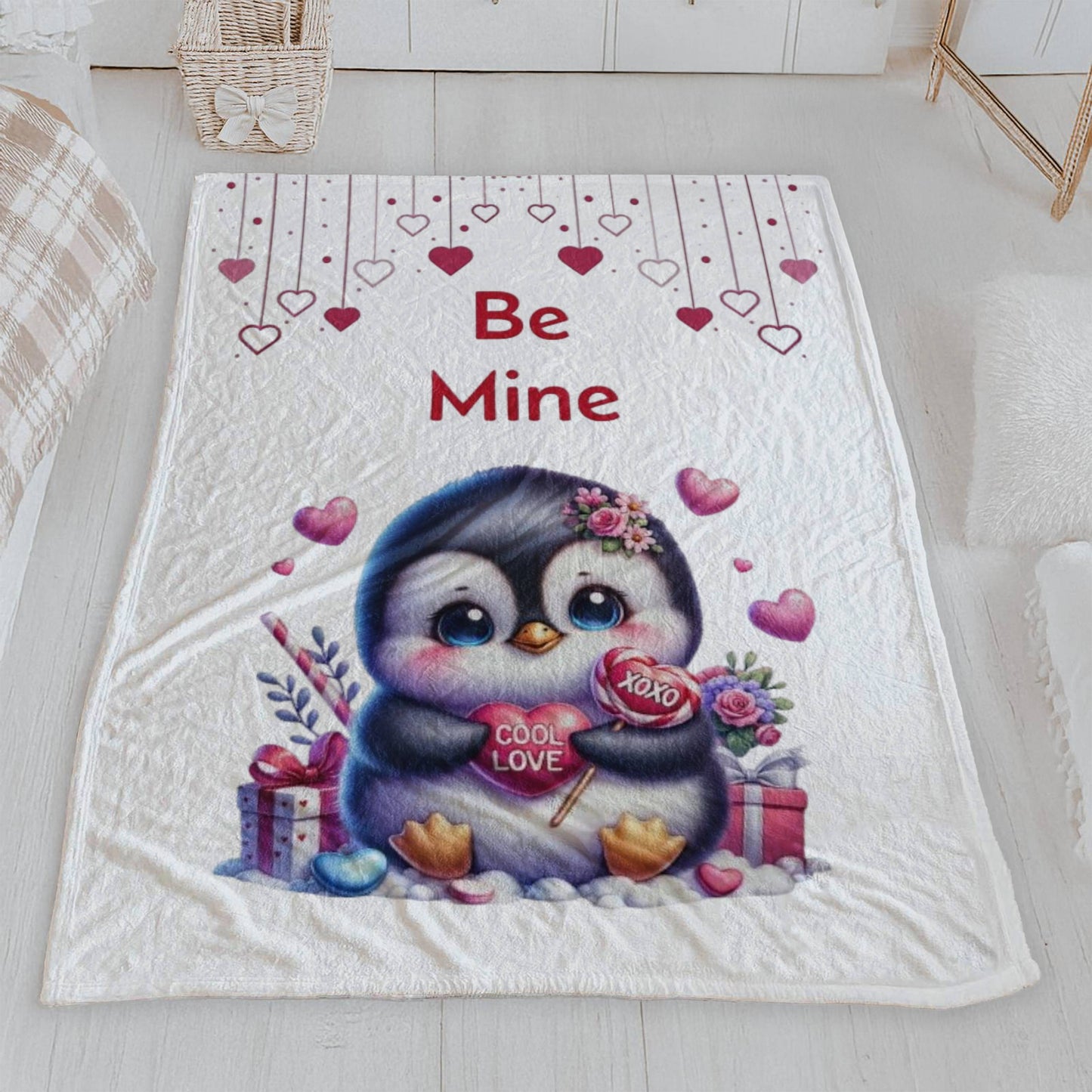 Be Mine Valentine Penguin Velveteen Blanket