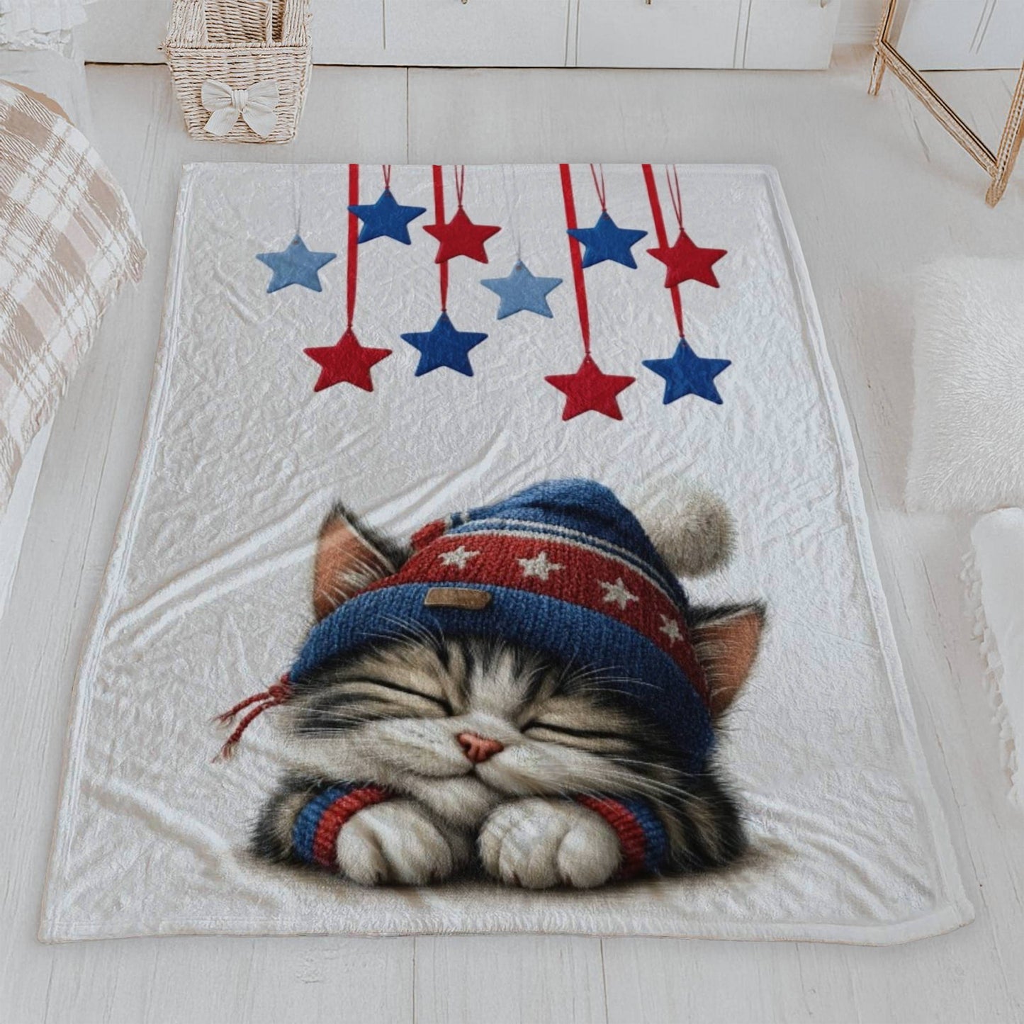 Sleeping Kitten in Patriotic Hat Velveteen Plush Blanket