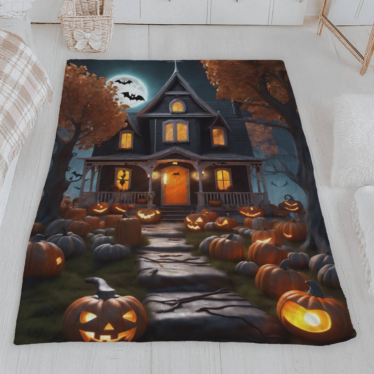 Spooky Cottage & Glowing Pumpkins Halloween Lightweight Velveteen Blanket