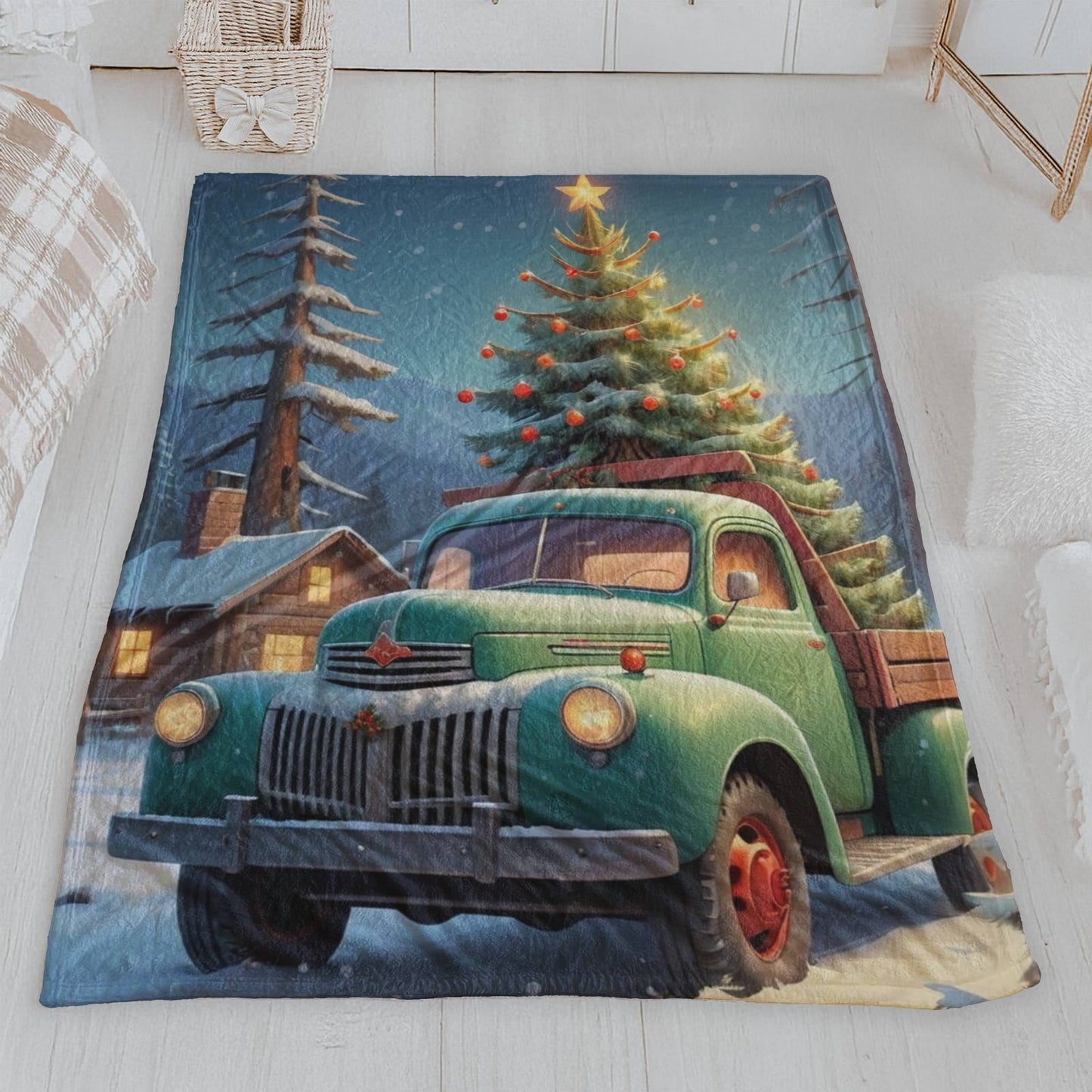 Vintage Green Truck Christmas Tree Velveteen Plush Blanket