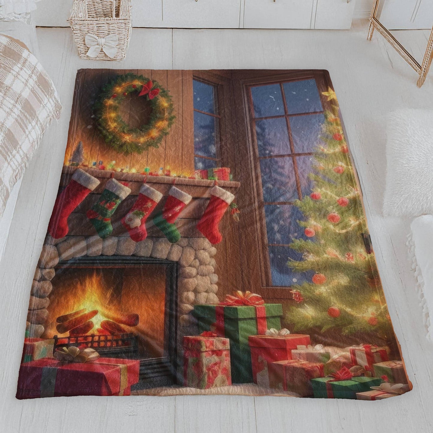 Cozy Christmas Fireplace Scene Velveteen Plush Blanket