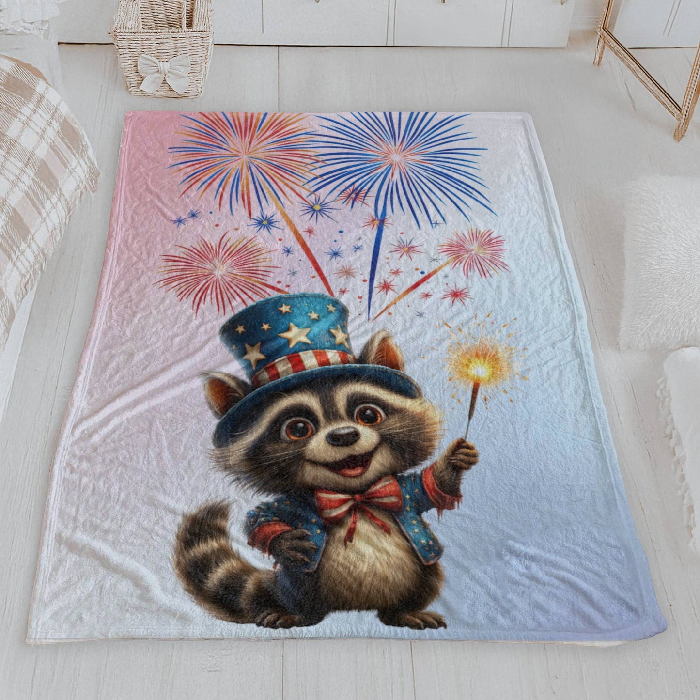 Patriotic Raccoon Fireworks Velveteen Plush Blanket