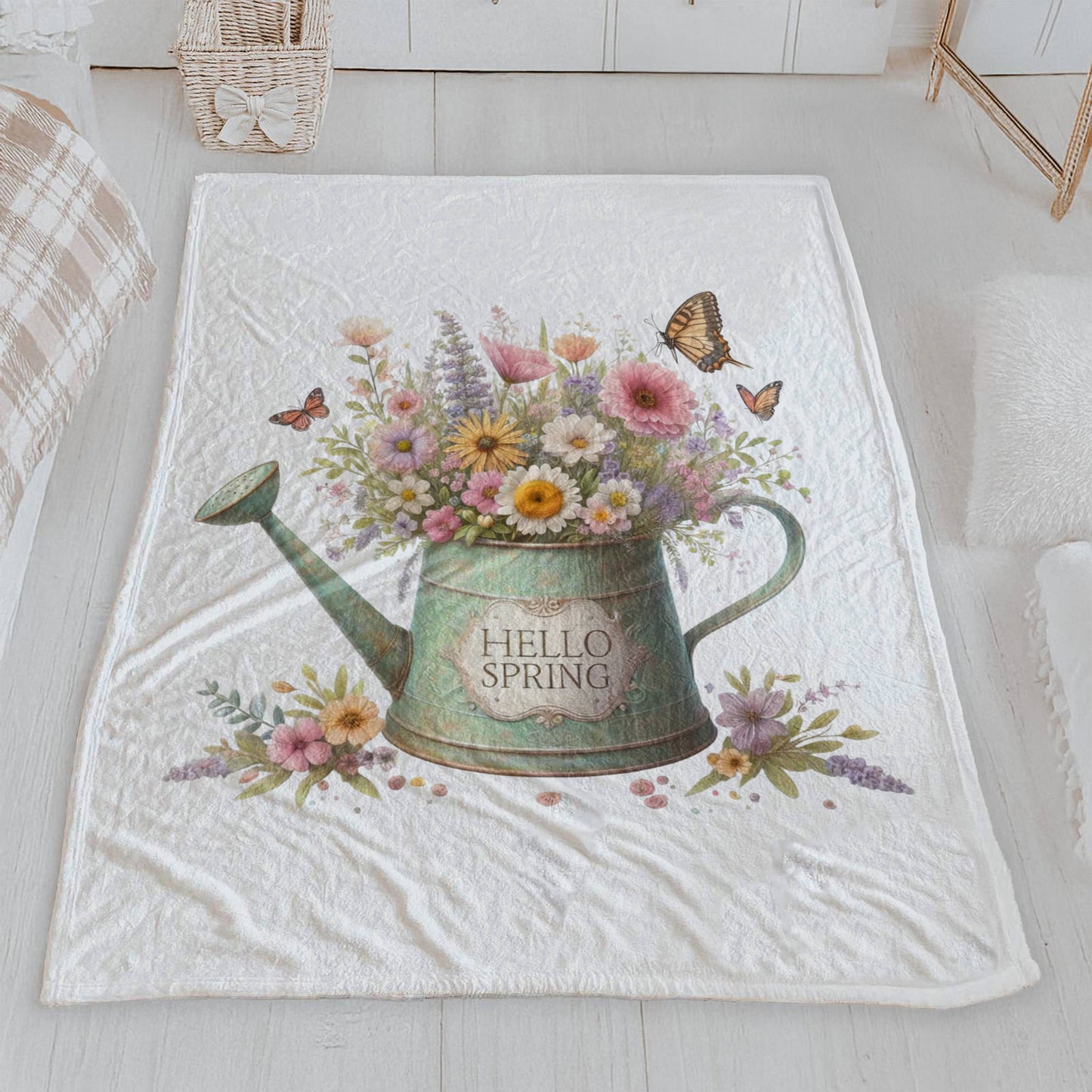 "Hello Spring" Floral Watering Can Velveteen Blanket