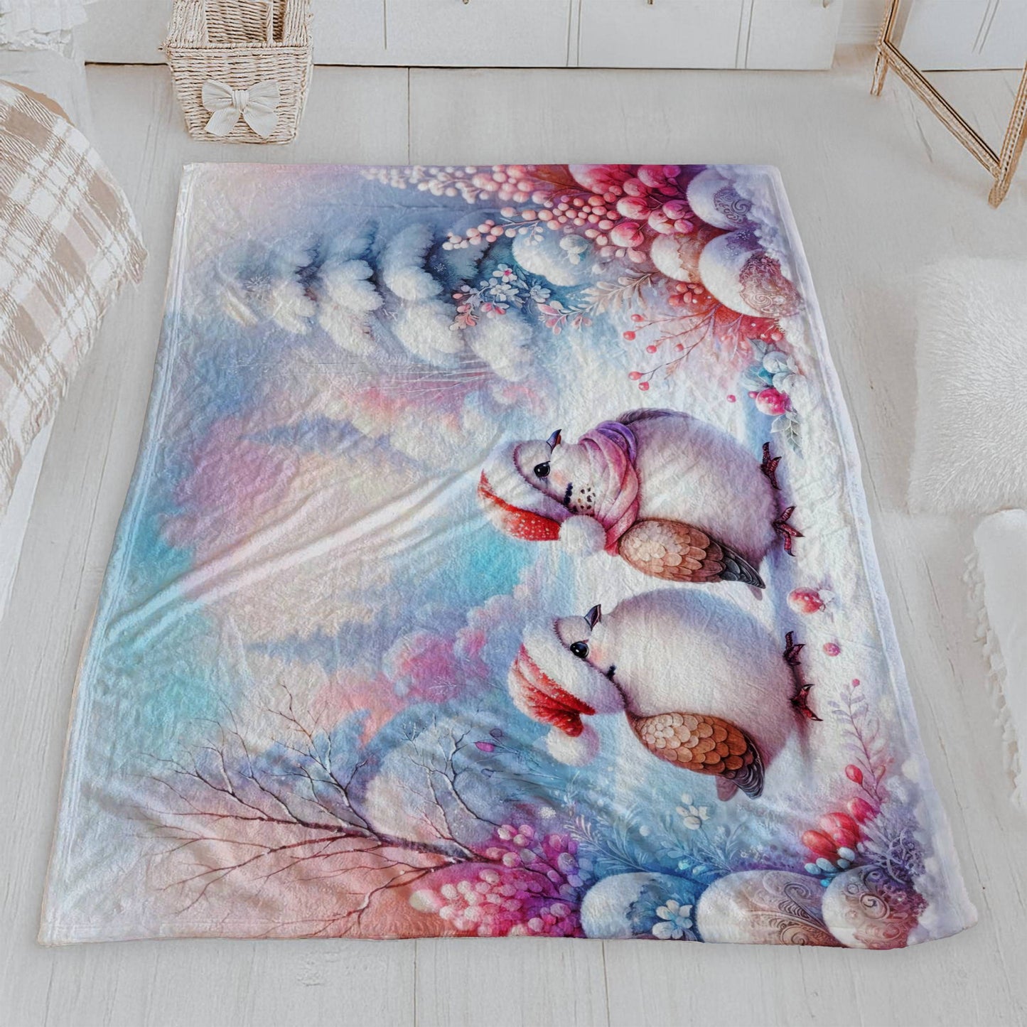 Sweet Winter Bird Friends Velveteen Blanket