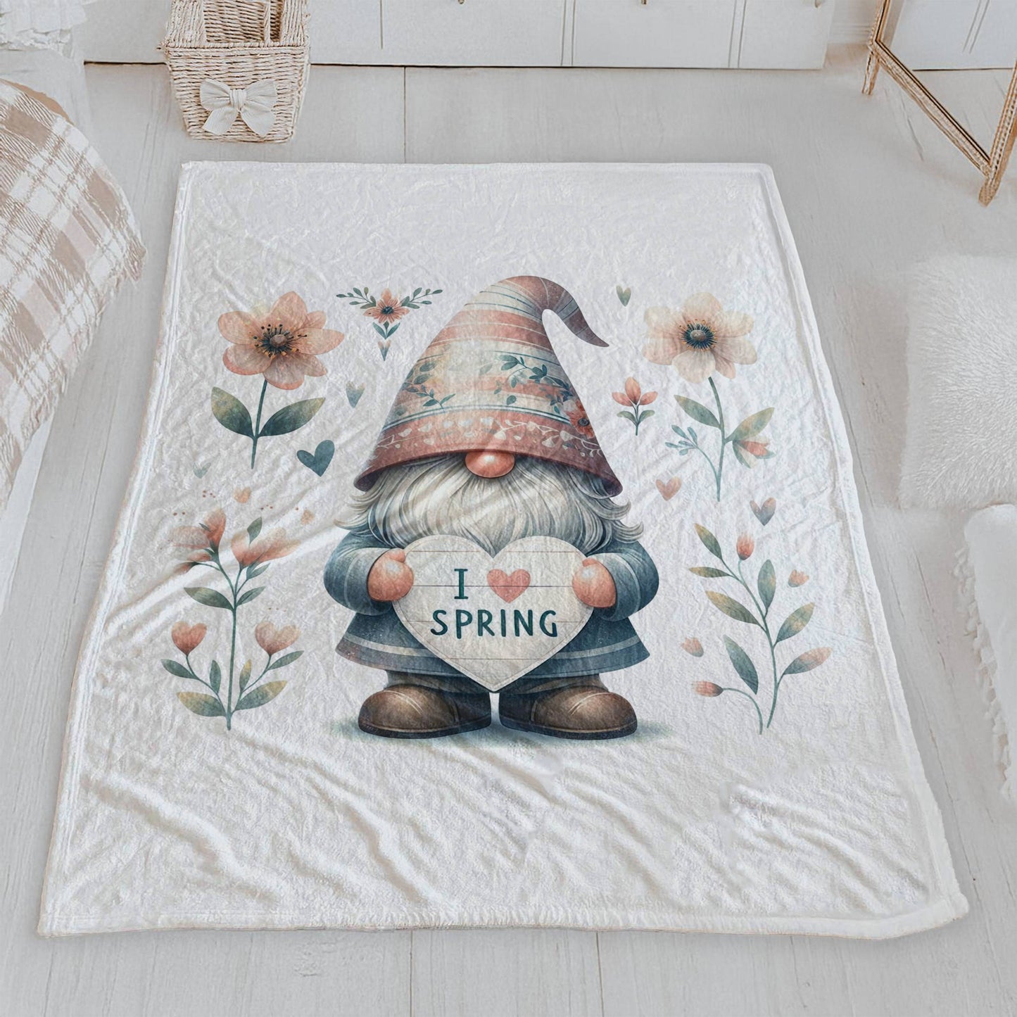 Cute "I Love Spring" Floral Gnome Velveteen Blanket