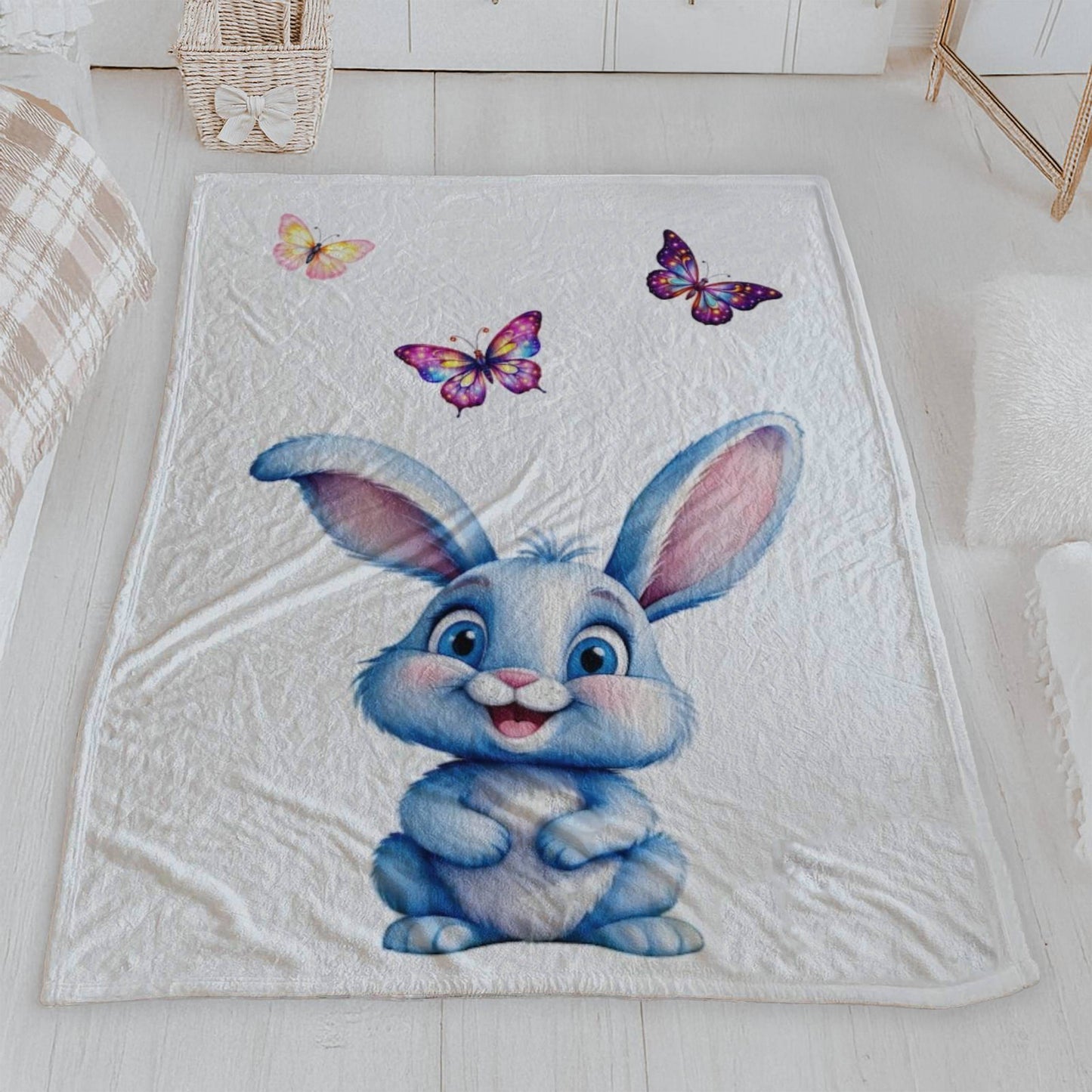 Adorable Blue Bunny & Butterflies Velveteen Blanket