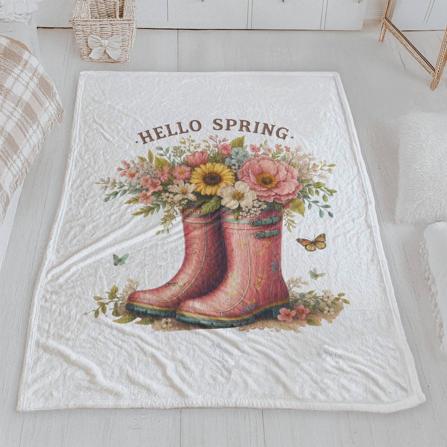 "Hello Spring" Pink Floral Rain Boot Velveteen Blanket