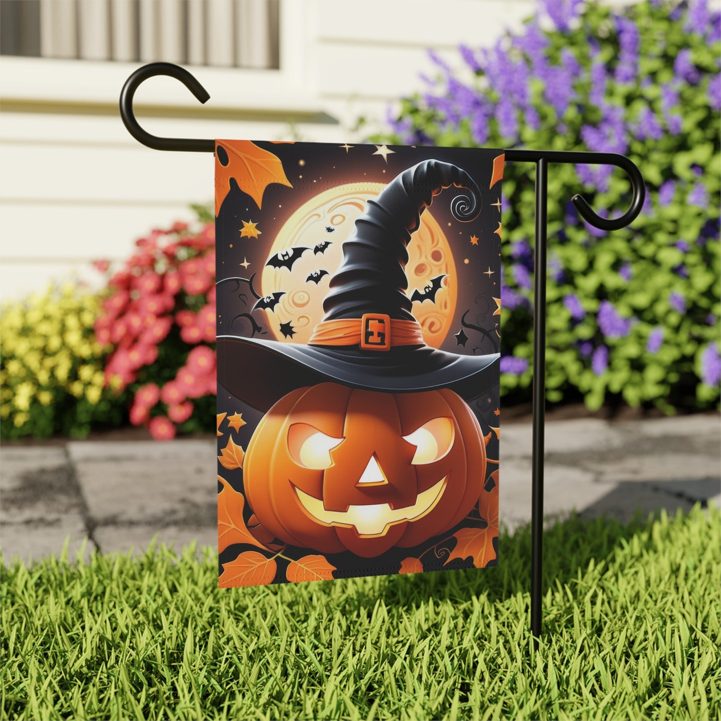Smiling Pumpkin Witch Hat Halloween Garden Flag