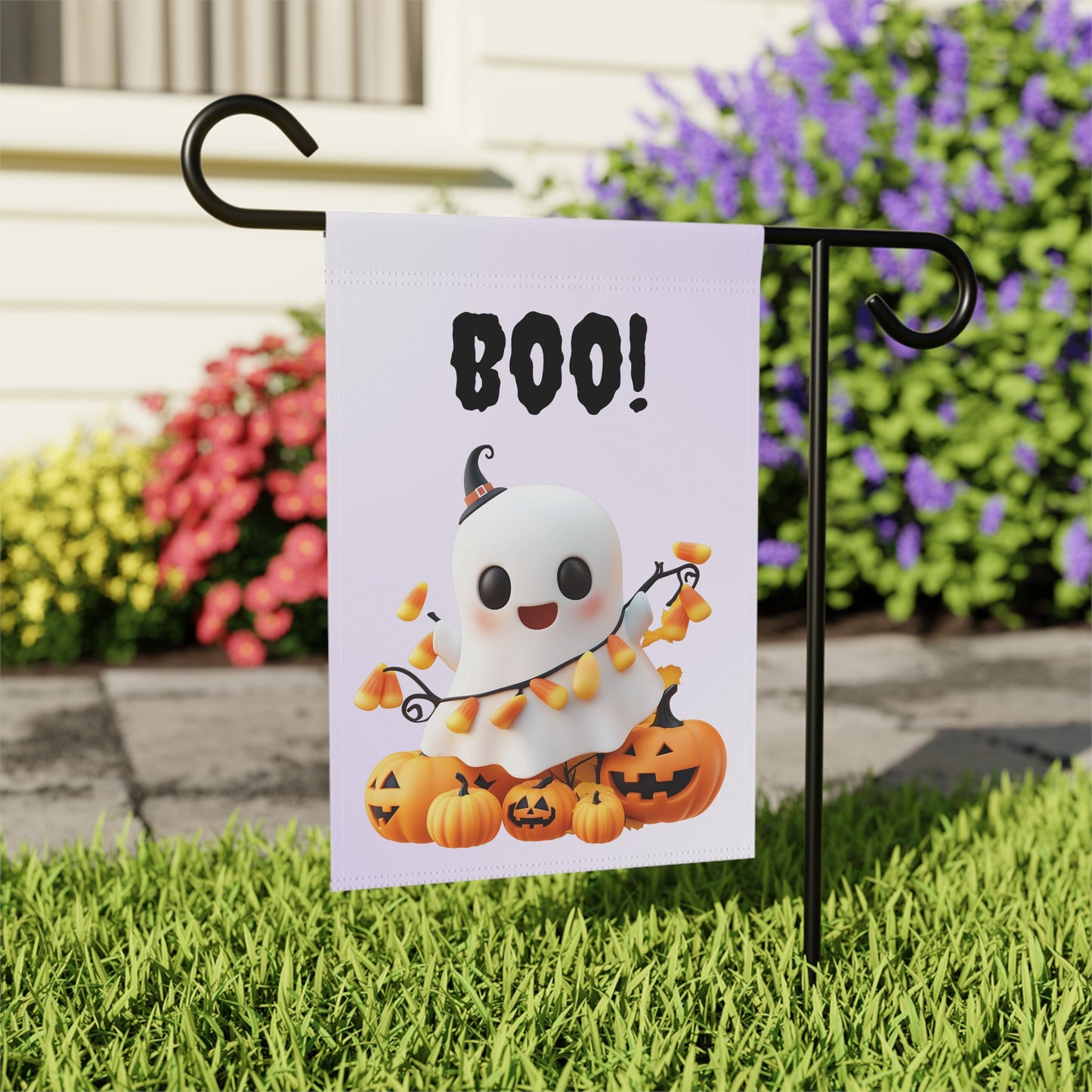 Cute Ghost with Candy Corn Garden Flag