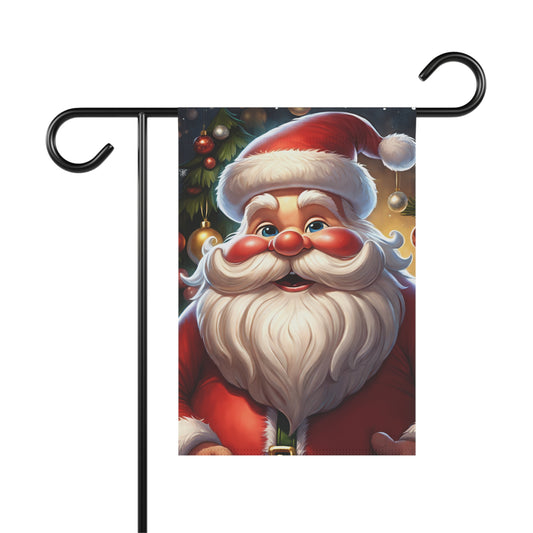 Jolly Santa Claus garden flag with a red suit, white beard, and Santa hat, in front of a Christmas tree with ornaments and lights, on a black metal garden flag stand


