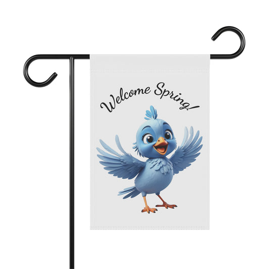 Welcome Spring garden flag with cute smiling blue bird on white background, cheerful seasonal yard decoration