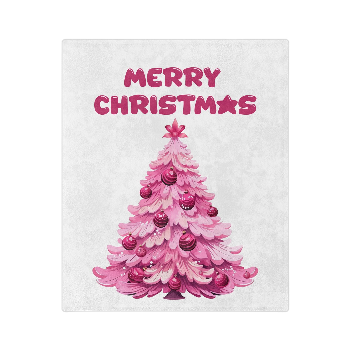 Pink velveteen blanket with a cartoon illustration of a pink Christmas tree with darker pink ornaments and a star on top, and the words "Merry Christmas" in pink text above it.

