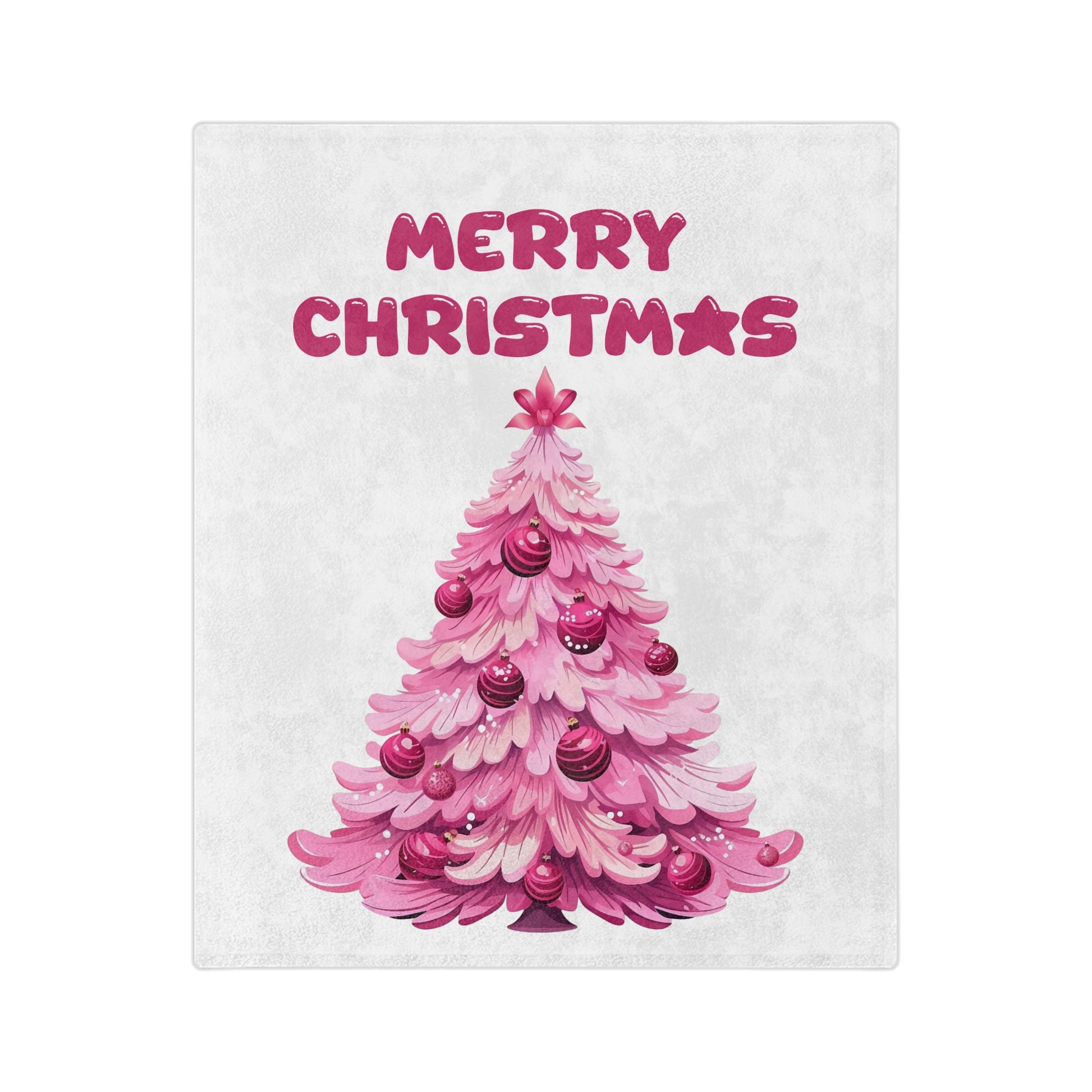 Pink velveteen blanket with a cartoon illustration of a pink Christmas tree with darker pink ornaments and a star on top, and the words "Merry Christmas" in pink text above it.

