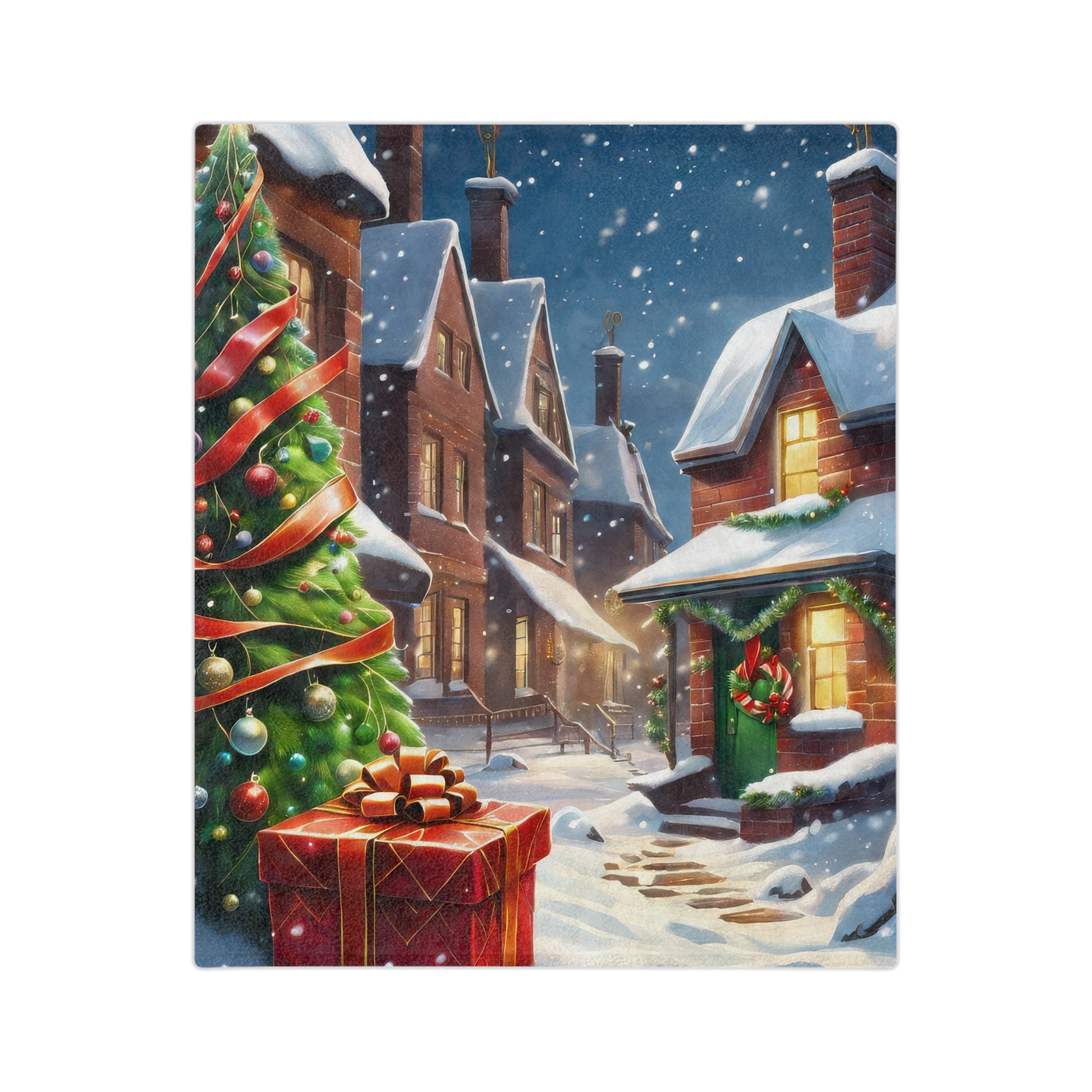 Plush Christmas blanket with snow-covered town, gift box, decorated tree, and holiday lights