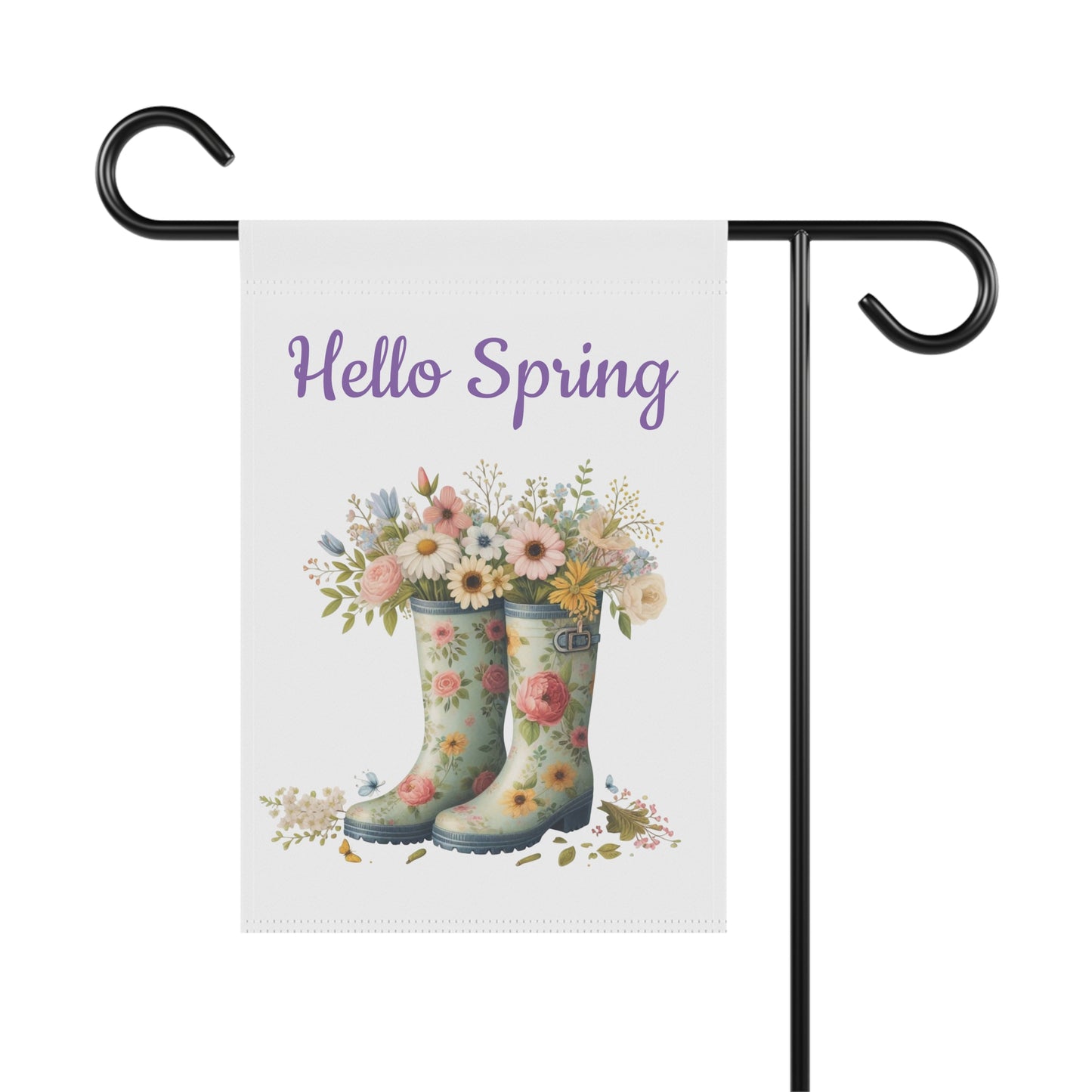 "Hello Spring" Garden Flag with Floral Rain Boots