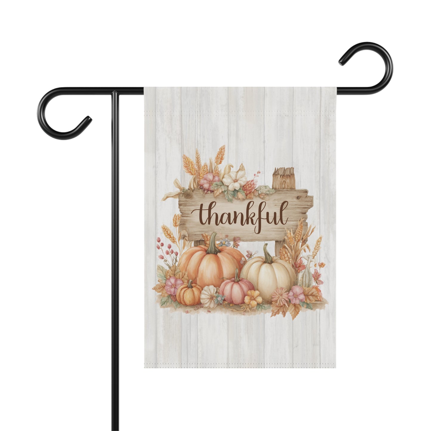 Soft pastel autumn pumpkin display on a wooden sign with script Thankful text garden flag