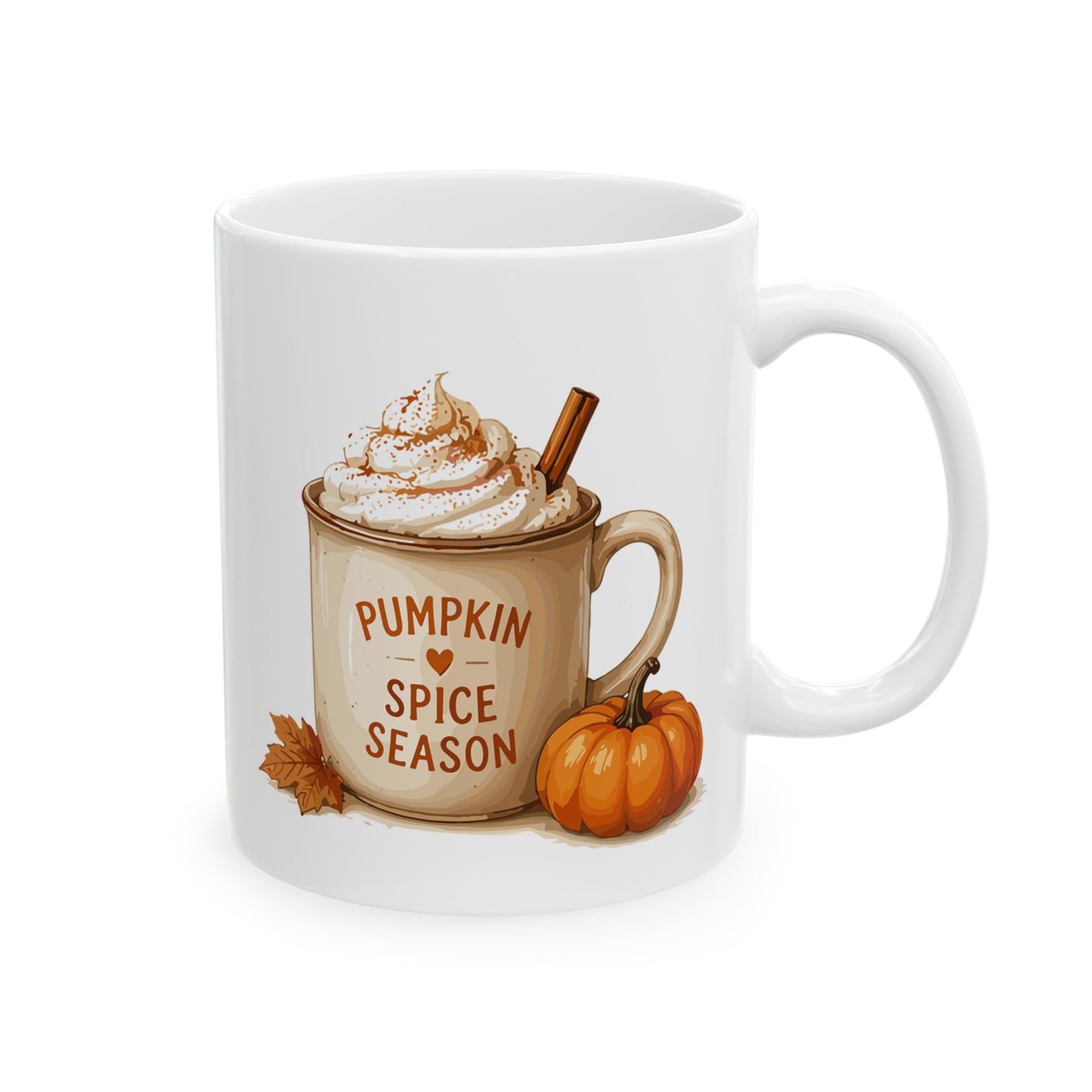White ceramic mug featuring autumn latte illustration with text reading Pumpkin Spice Season on a cozy drink cup next to a small pumpkin.