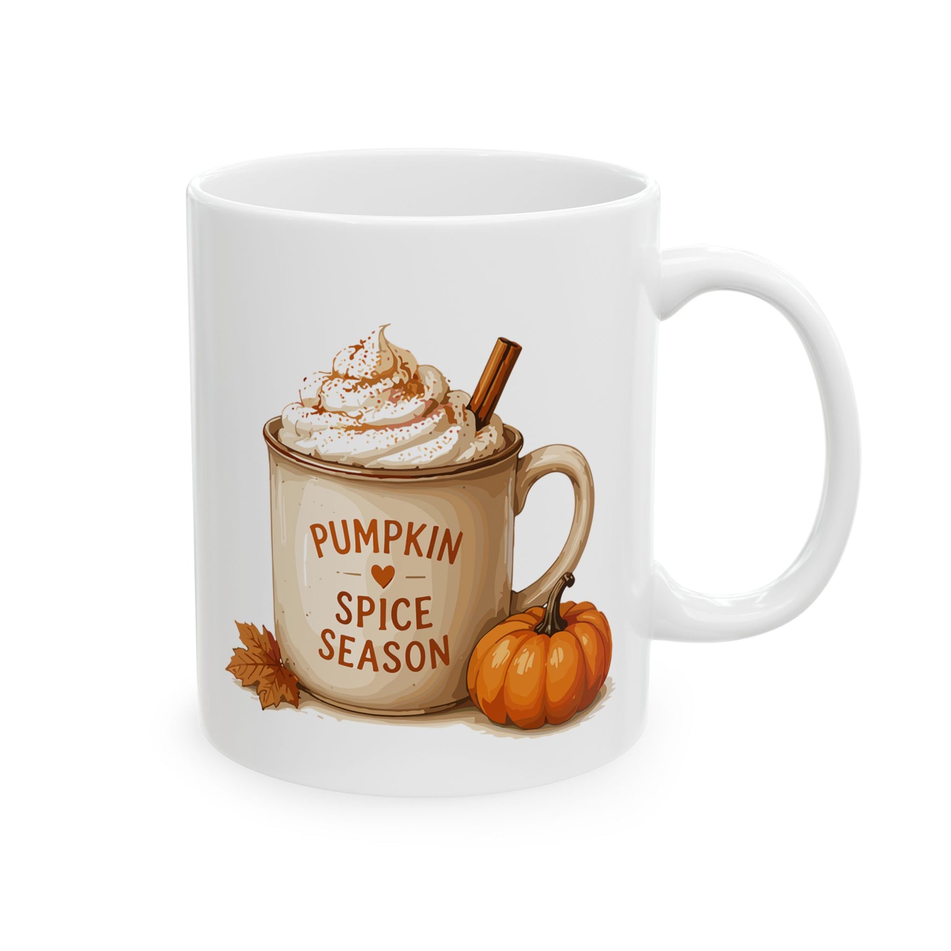 White ceramic mug featuring autumn latte illustration with text reading Pumpkin Spice Season on a cozy drink cup next to a small pumpkin.