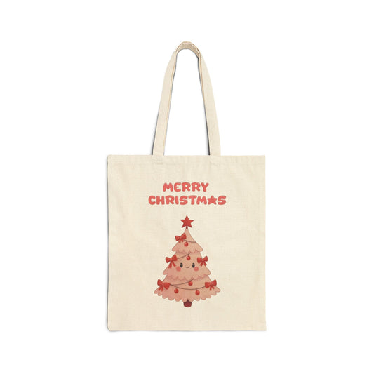 Canvas tote bag with a cute kawaii-style Christmas tree and "Merry Christmas" text