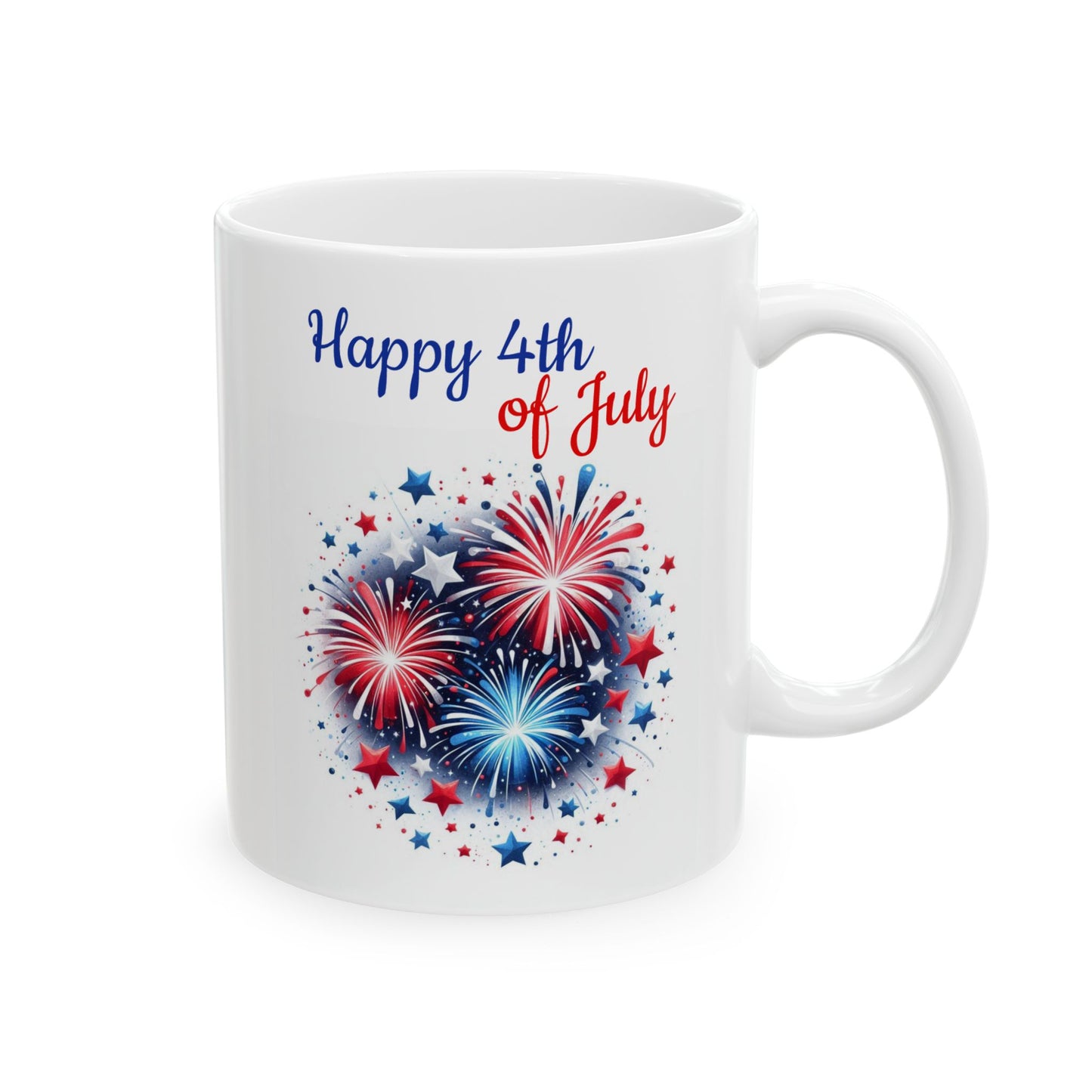 White ceramic coffee mug featuring three bright red, white, and blue fireworks over a dark blue circular background with scattered stars beneath the script text Happy 4th of July.