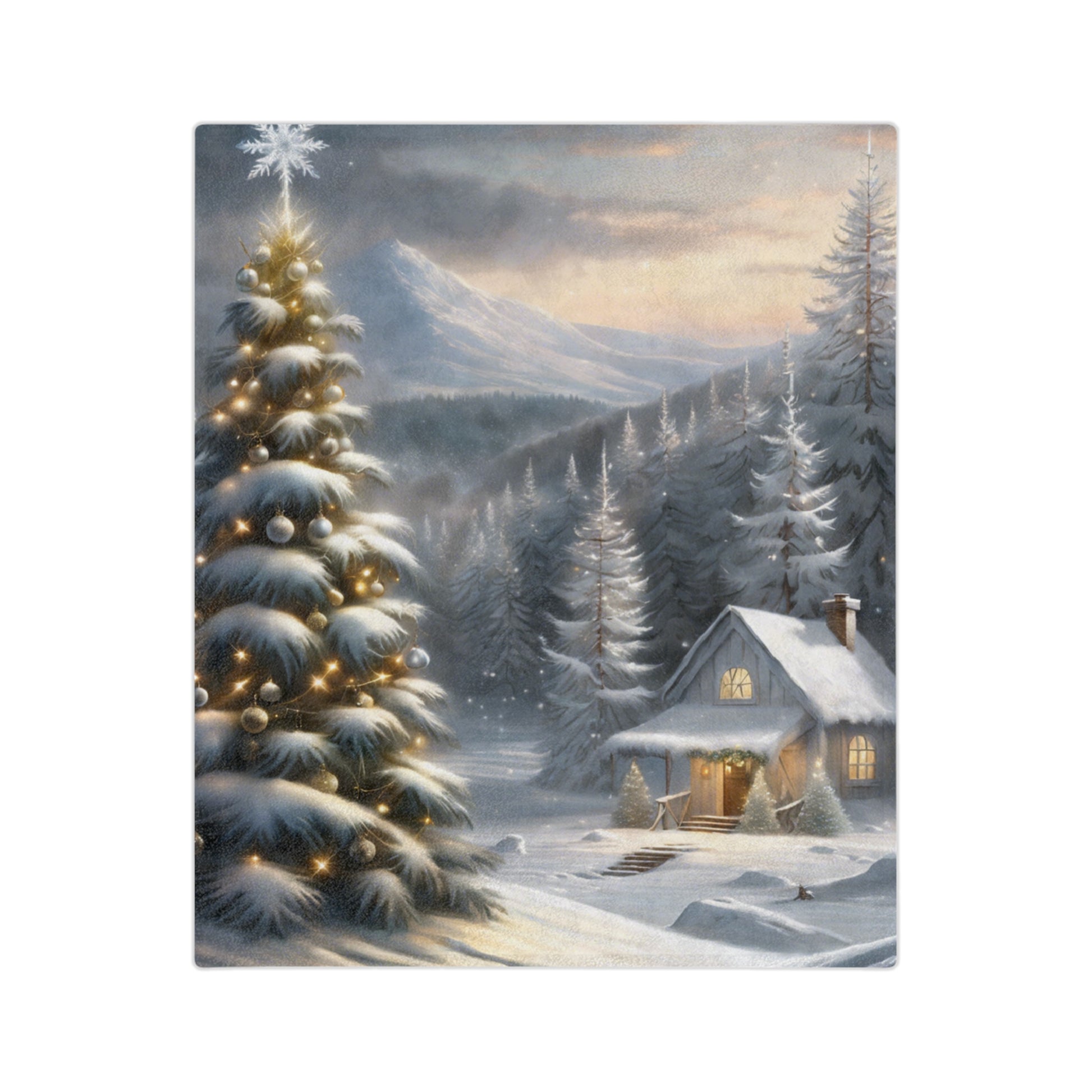 Snowy cabin plush blanket with lit Christmas tree and mountain forest background