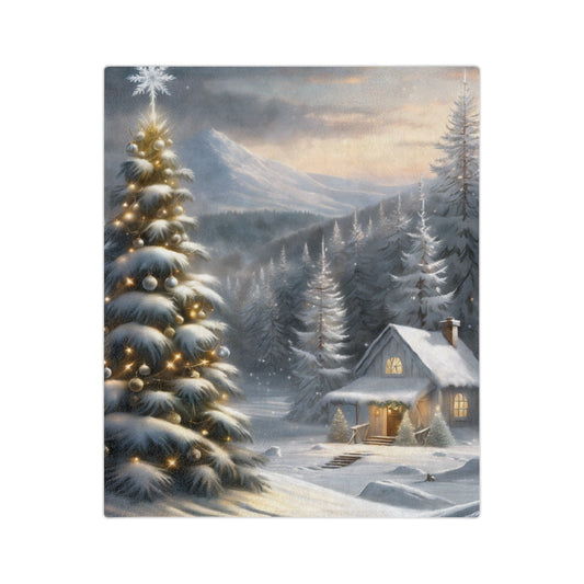 Snowy cabin plush blanket with lit Christmas tree and mountain forest background