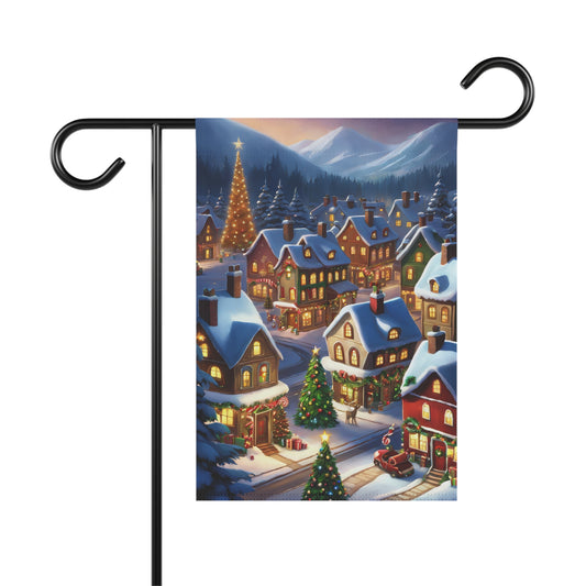 Enchanting Christmas village garden flag with snow-covered houses, twinkling Christmas trees, and mountains in the background, on a black metal garden flag stand

