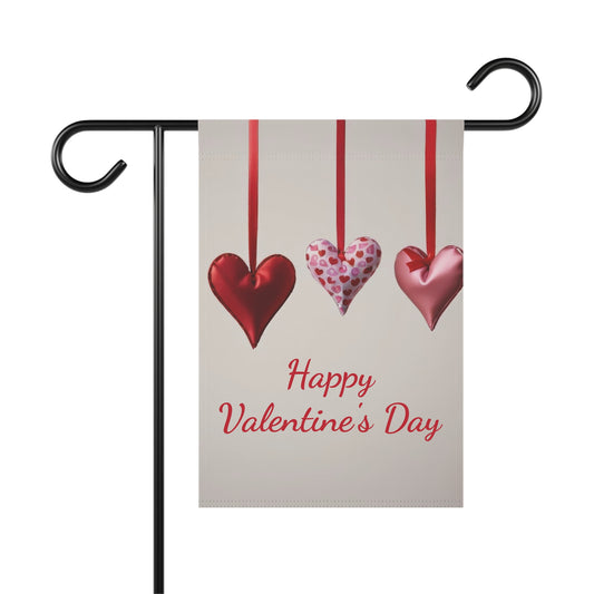 Elegant Valentine garden flag with three hanging hearts in red and pink on satin ribbons, romantic yard decoration