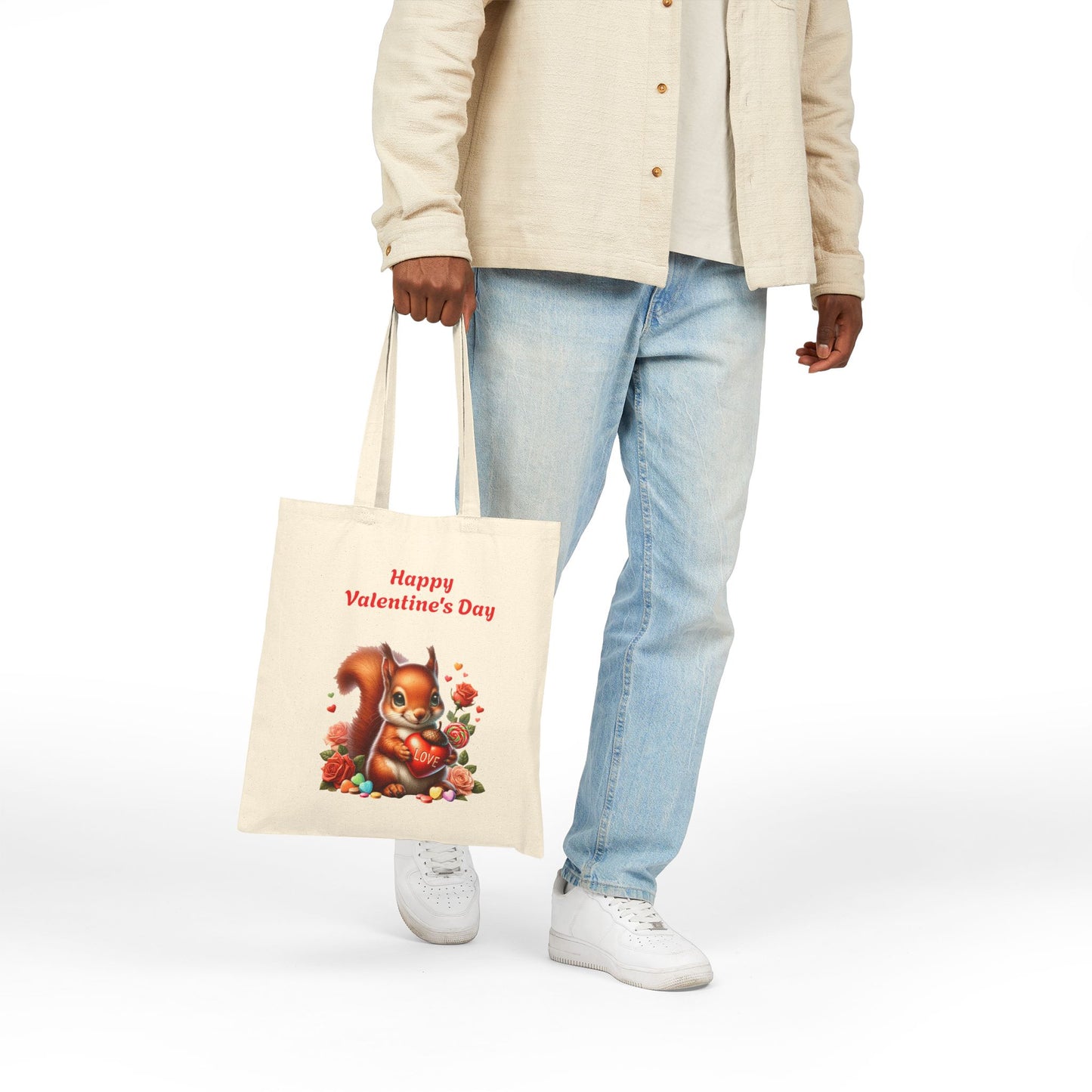 Happy Valentine's Day Squirrel Canvas Tote Bag with Love Heart