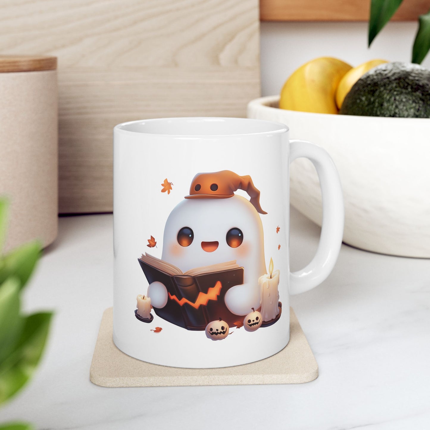 Whimsical Bookworm Ghost Mug