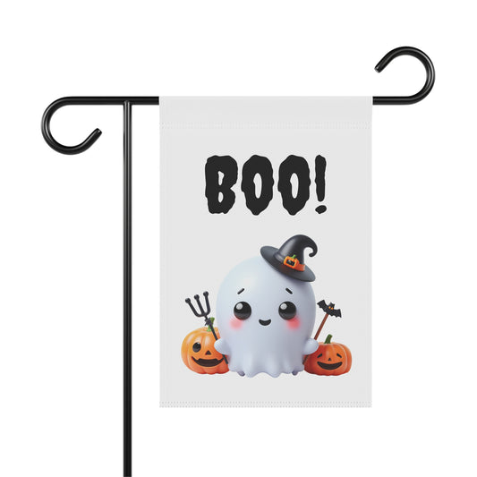 Halloween-themed garden flag with a ghost, pumpkins, and 'BOO!' text on a white background.