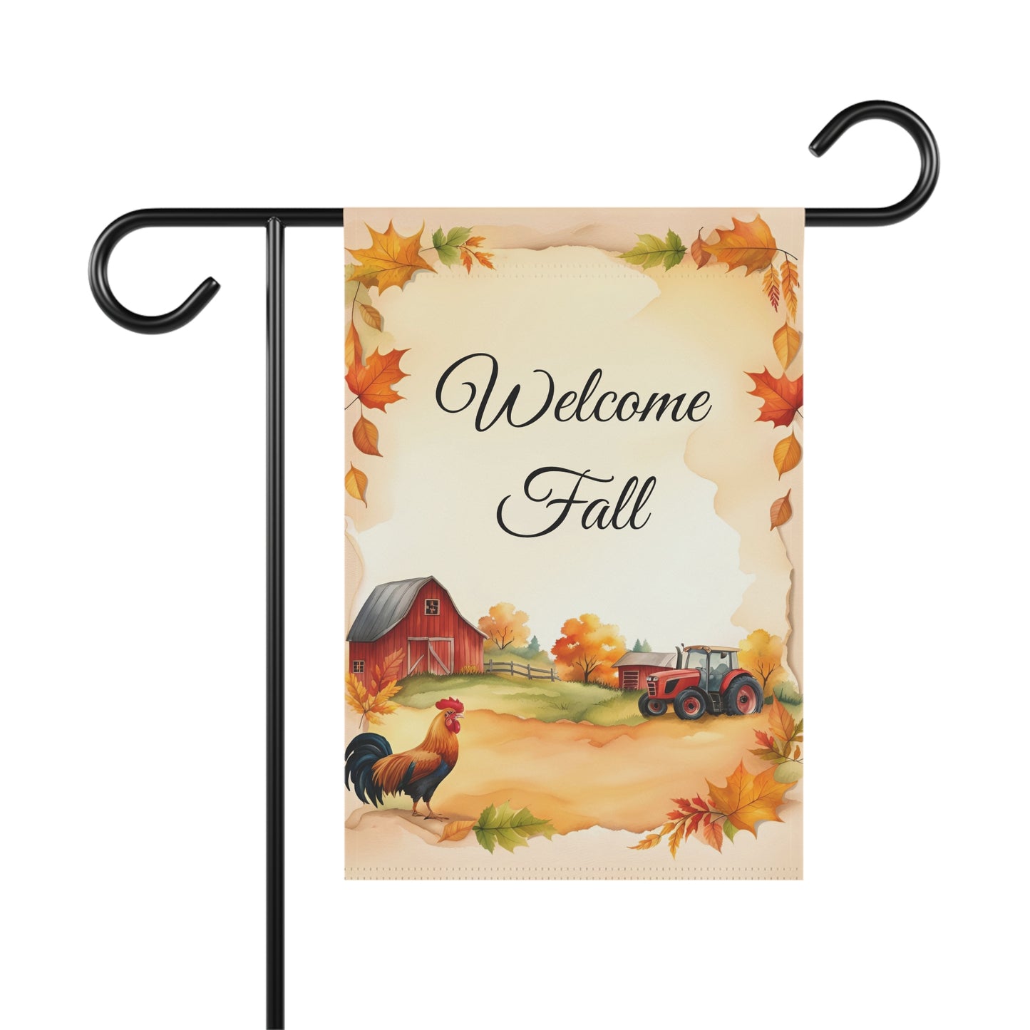 Garden flag with "Welcome Fall" script at the top, featuring a rustic farm scene with a red barn, a tractor, a rooster, and a border of colorful autumn leaves.

