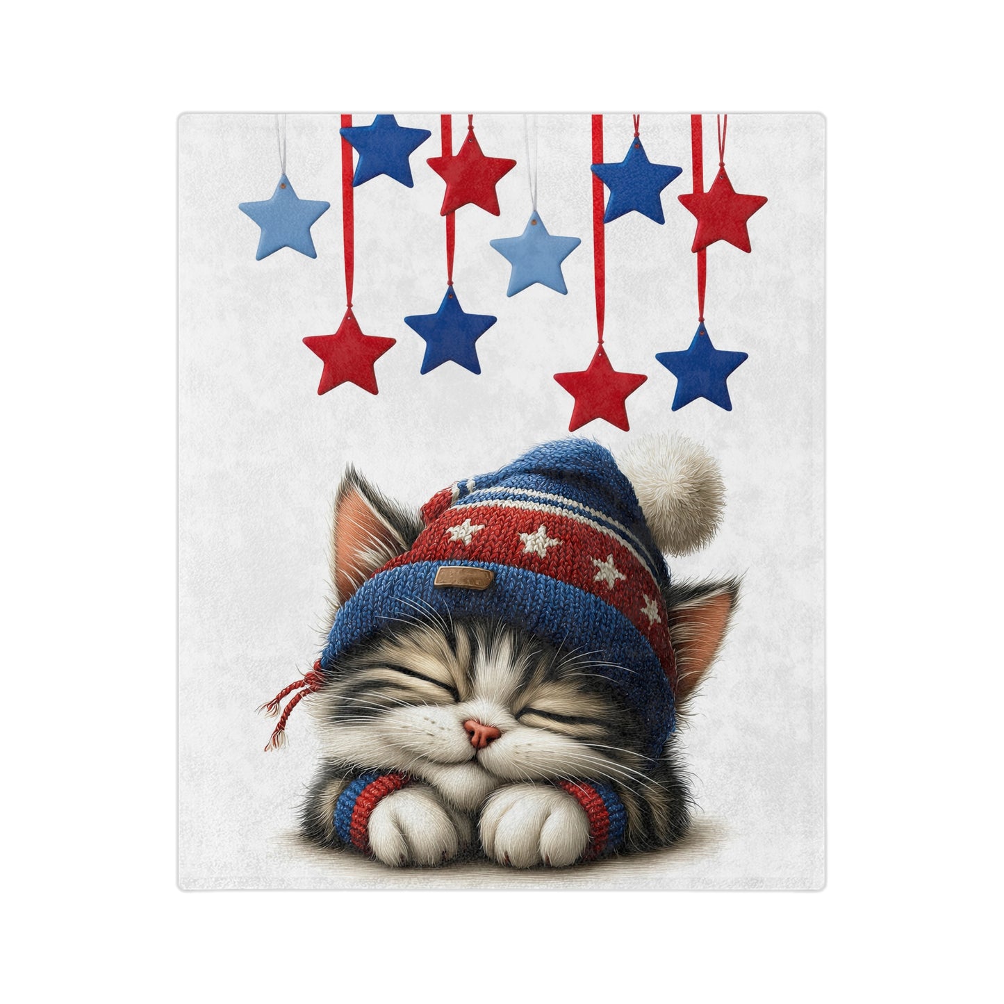 Velveteen plush blanket featuring a sleeping kitten in a red, white, and blue hat with dangling patriotic stars above