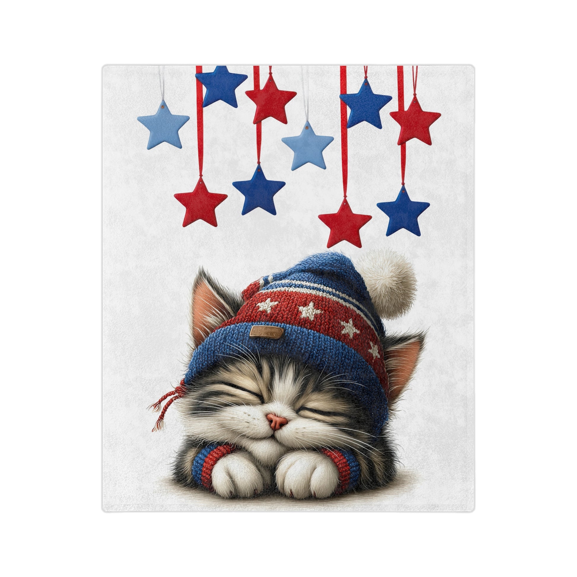 Velveteen plush blanket featuring a sleeping kitten in a red, white, and blue hat with dangling patriotic stars above