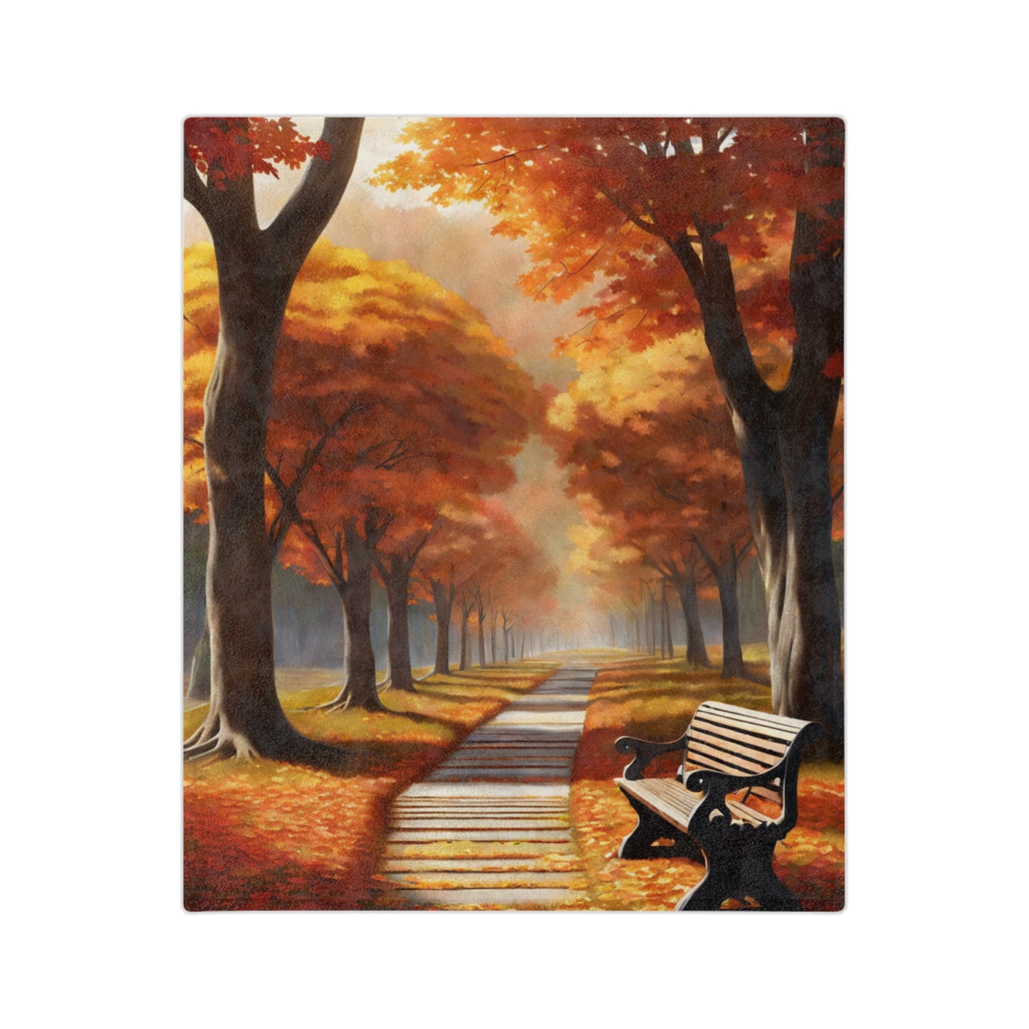 Lightweight velveteen blanket depicting a scenic autumn park path lined with trees in vibrant orange and red foliage, with a park bench on the right side.

