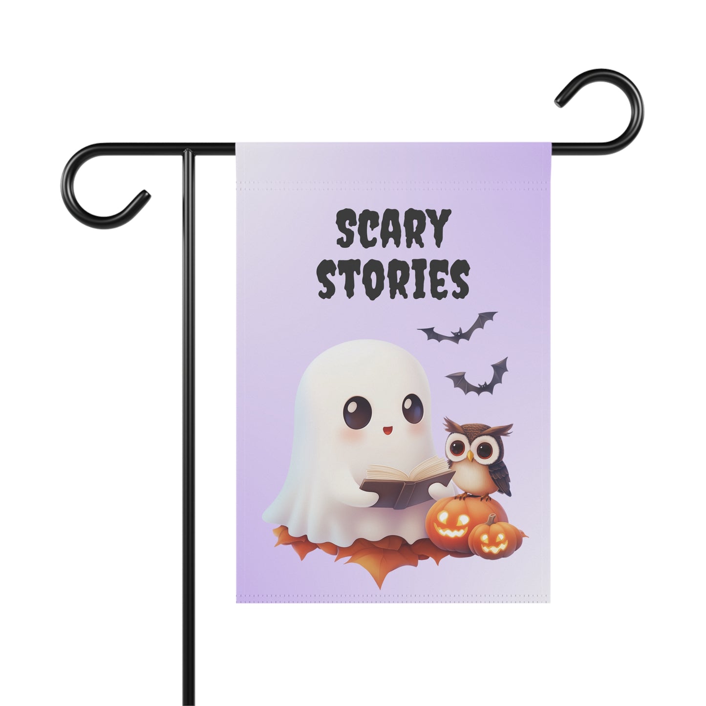 Cute ghost holding an open book sitting next to an owl on pumpkins under flying bats and Scary Stories text on a lavender garden flag, Lavender outdoor garden flag on a metal stand featuring cute reading ghost and owl artwork with Scary Stories lettering, Cute reading ghost Halloween yard flag for outdoor front porch and garden decor
