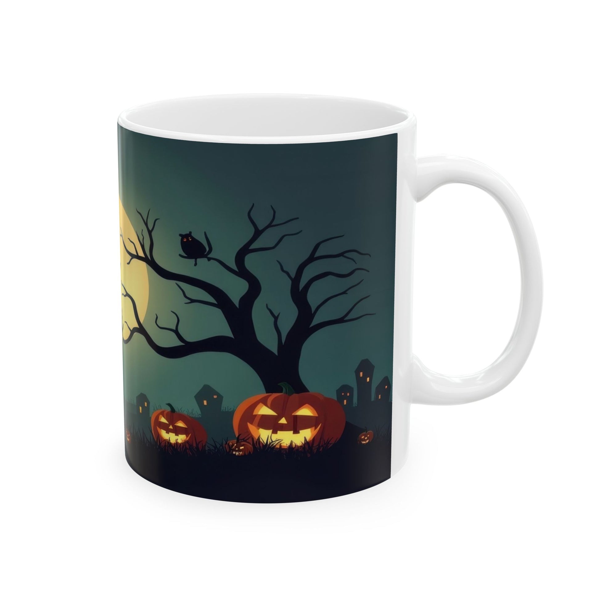 "White ceramic coffee mug with a dark, eerie Halloween scene featuring a haunted house with glowing windows, bare trees, flying bats, and several lit jack-o'-lanterns under a bright full moon