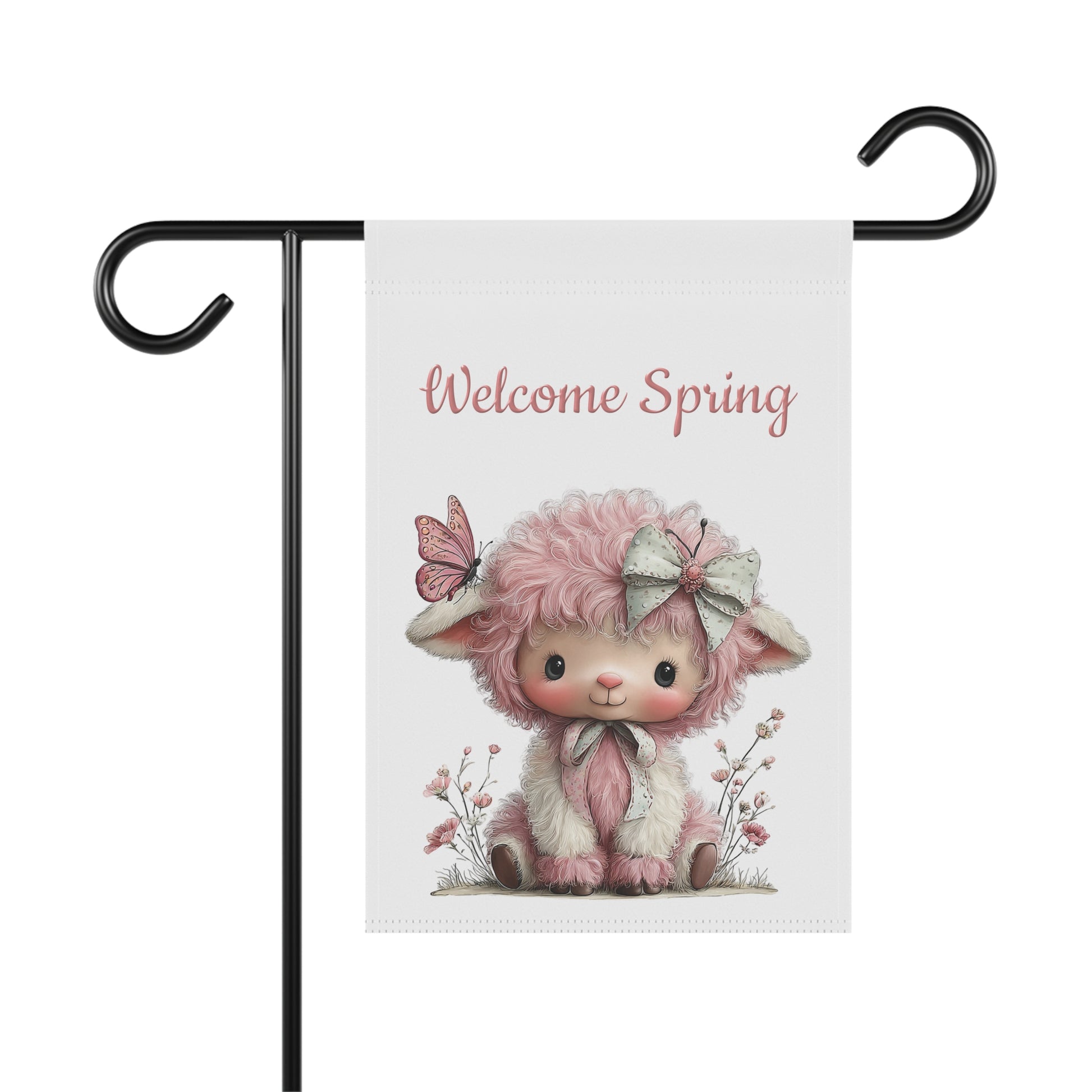 Spring garden flag featuring an adorable fluff-furred pink lamb wearing a polka-dot bow, accompanied by a butterfly on its ear, beneath pink script text reading Welcome Spring.